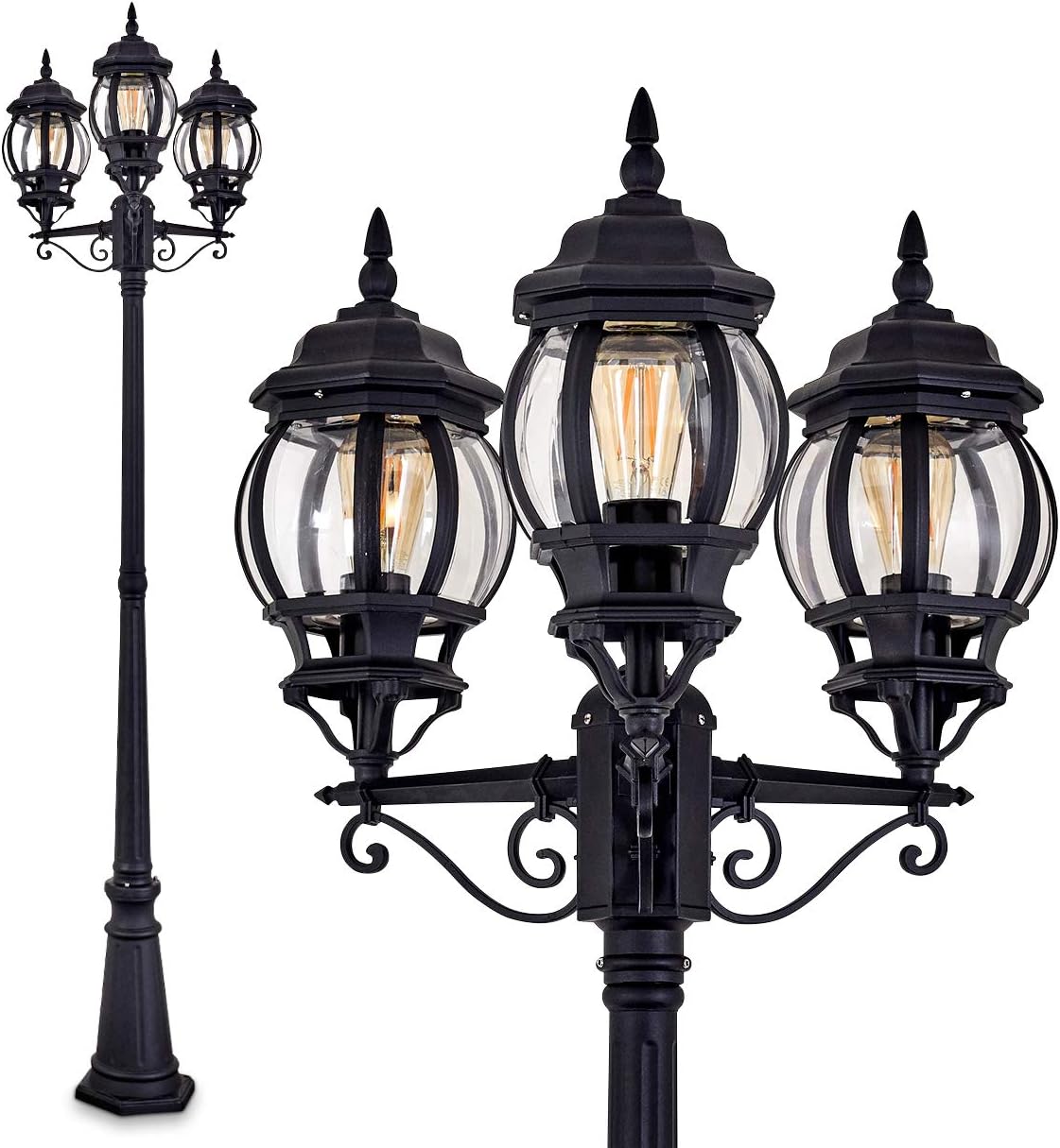 HOFSTEIN Außenleuchte Lentua, Laternen für Draußen im Antiken Look, Kandelaber aus Aluguß in Schwarz mit Kunststoff-Scheiben, 3-armige Wegeleuchte, Outdoor Laterne 230 cm, IP44, 3x E27 Gartenlaterne