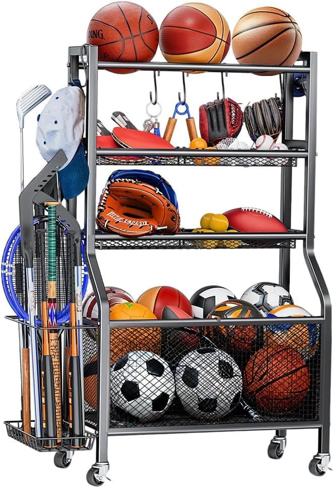 ALSTON Heavy-Duty Sports Gear Organizer with Wheels, Hooks & Baskets