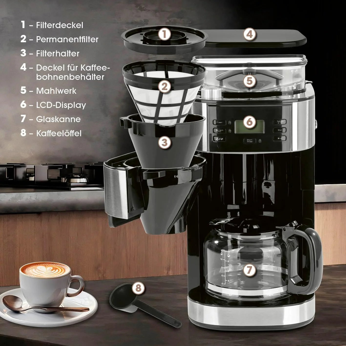 Barista filterkoffiezetapparaat met verstelbare molen & thermoskan | Warmhoudfunctie, 24-uurs timer & permanent filter | Voor 10 koppen koffie | Koffiezetapparaat voor bonen & poeder [roestvrij staal]