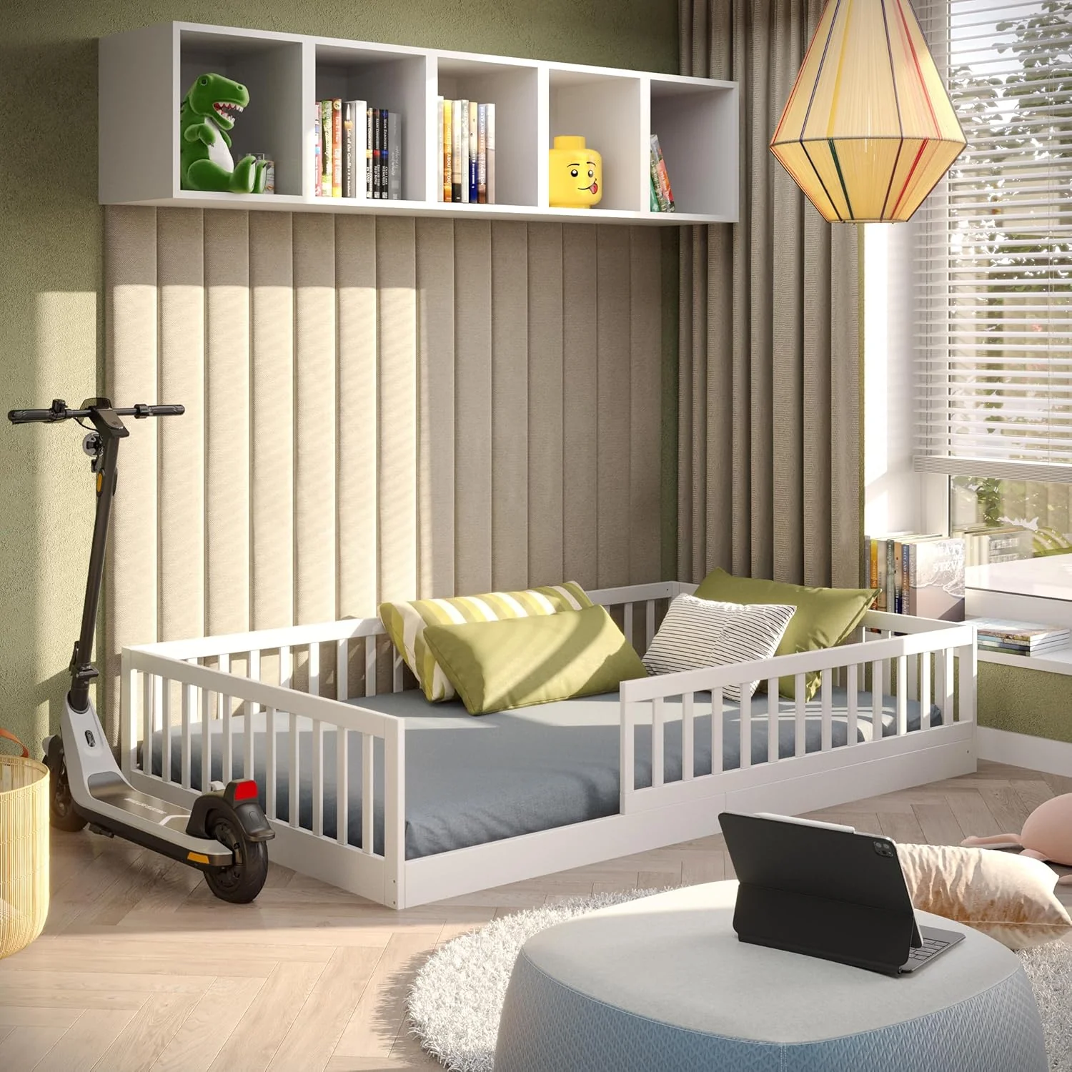 CADANI Timi 2-in-1 Vloerbed 140x200 cm Montessori Kinderbed met uitneembare valbeveiliging incl. lattenbodem, massief grenenhout, wit - 3 opbouwmogelijkheden, belastbaar tot 200 kg, ombouwbaar