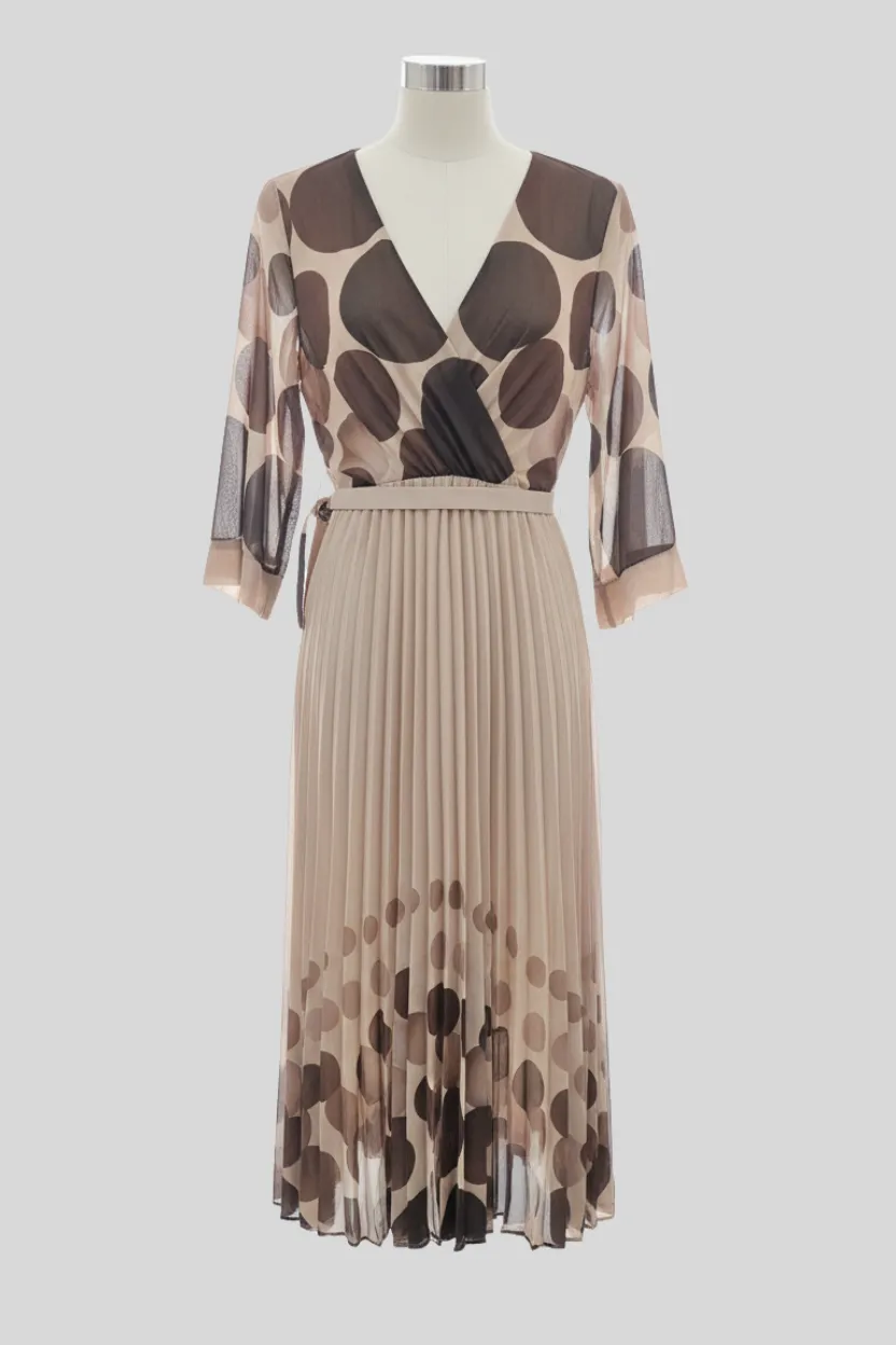 Elegant Beige Pleated Midi Dress