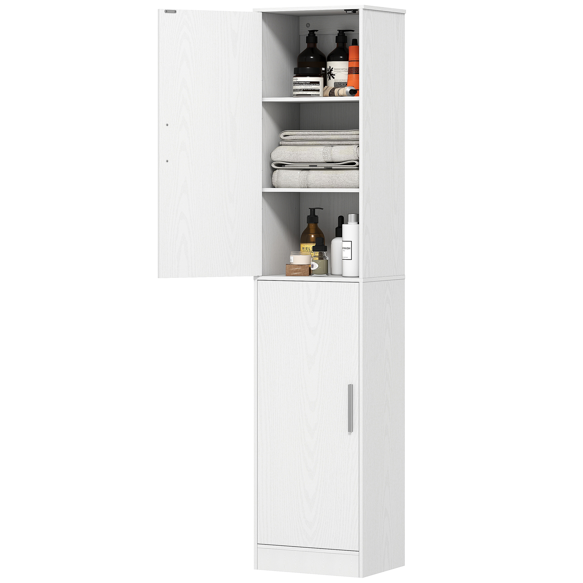 180 cm Hoge Badkamerkast, Smalle Opbergkast met 2 Deuren, 4 Verstelbare Planken, Spaanplaat, MDF, Wit