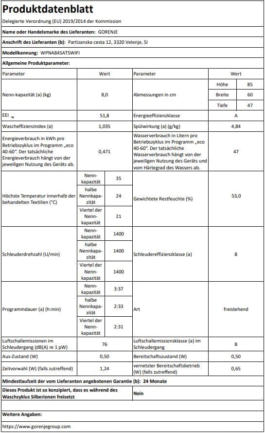 Gorenje WPNA 84 SATSWIFI Waschmaschine mit Dampffunktion / 8 kg / 1400 U/Slim Line/ConnectLife WiFi/Total AuaStop/Inverter PowerDrive Motor/Edelstahltrommel/Kindersicherung/EEK A