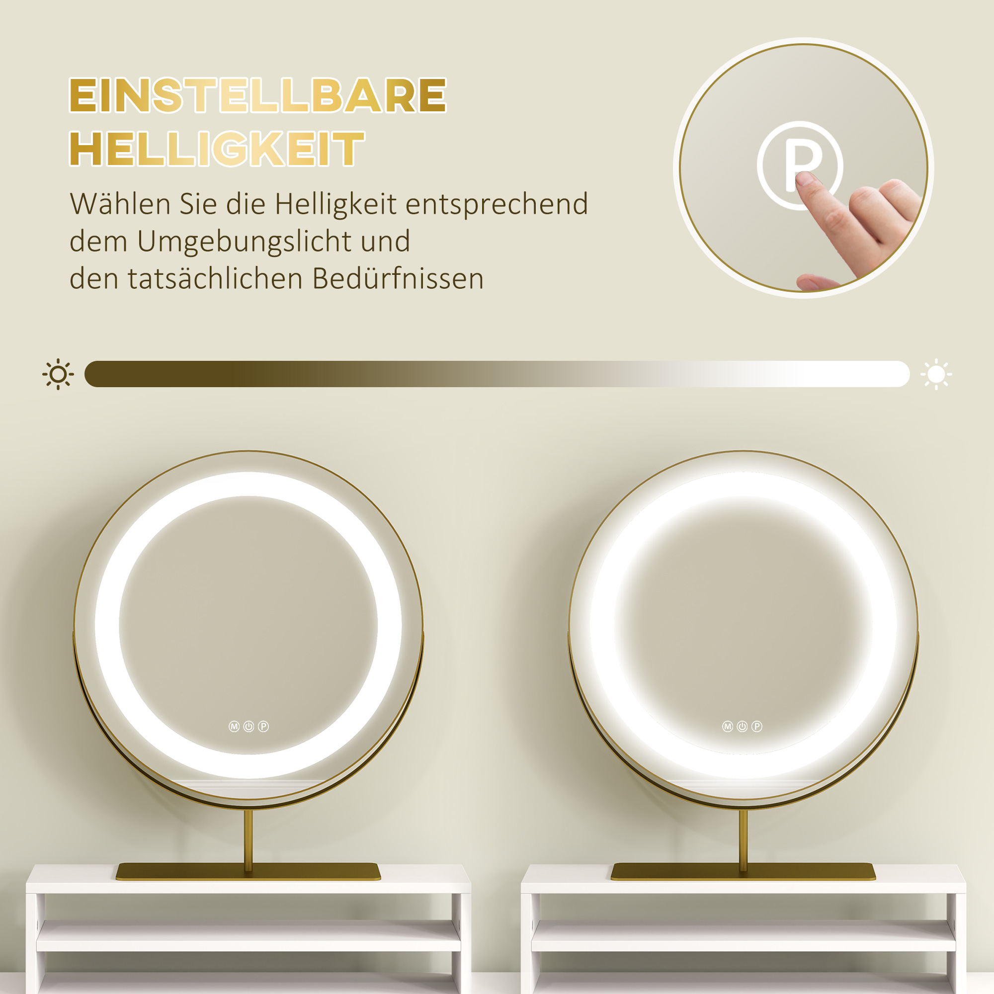 Kaptafel met 360�� Spiegel, LED-verlichting, 2 Laden, Wit/Goud