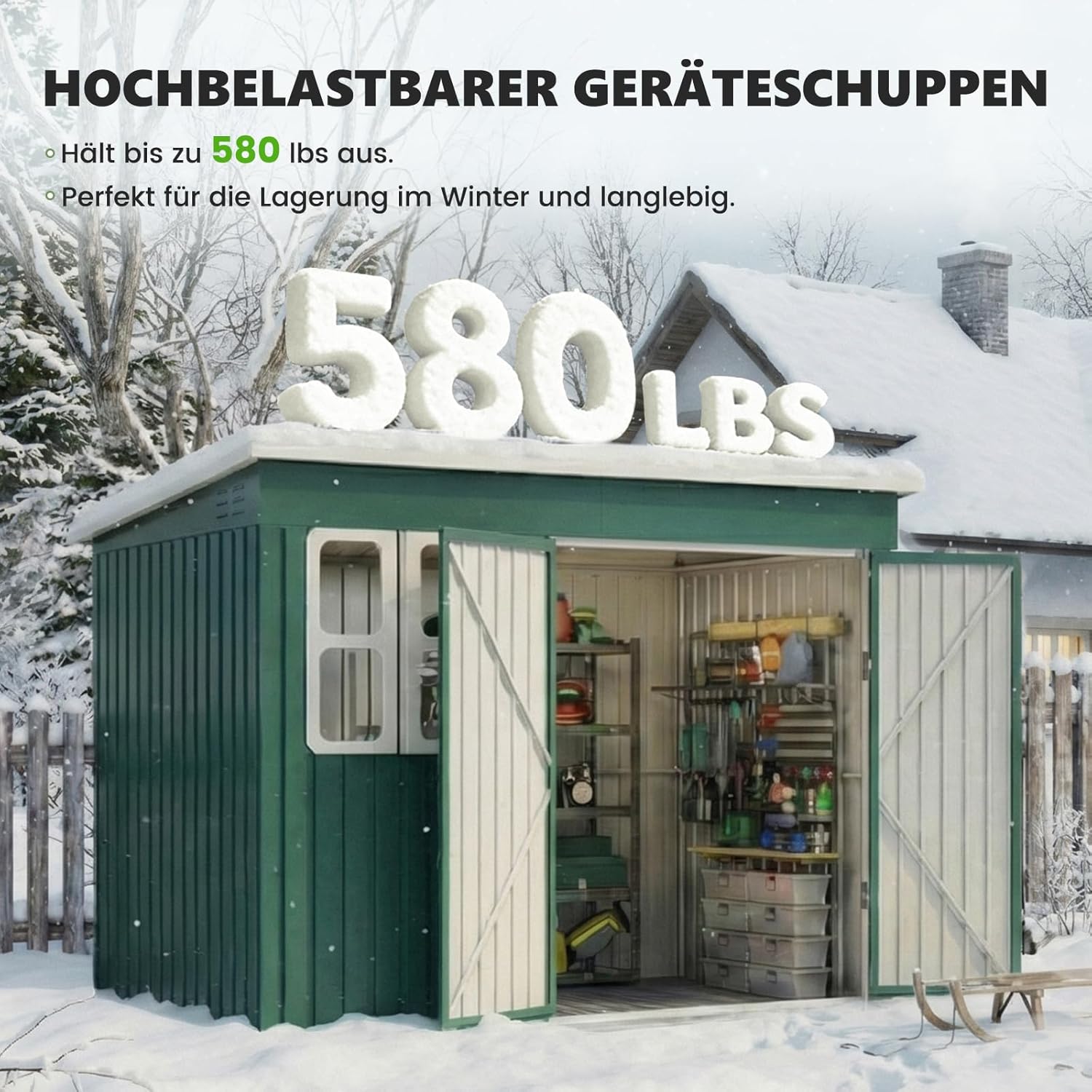 UDPATIO Gartenhaus Metall 260 x 176 x 190 cm mit Fenster, abschließbarer Tür und Belüftung, Fahrradgarage mit Pultdach, Geräteschuppen für Werkzeuge, Ausrüstung, Wasserdicht, Verzinkter Stahl, Grün