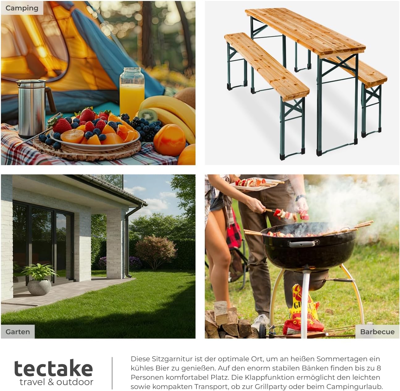 tectake® Bierzeltgarnitur klappbar, Biertisch Klapptisch mit 2X Bierbank, Gartenmöbel Set, Camping Zubehör, Klapptisch Esstisch, Camping Tisch faltbar, Balkontisch, Campingtisch klappbar