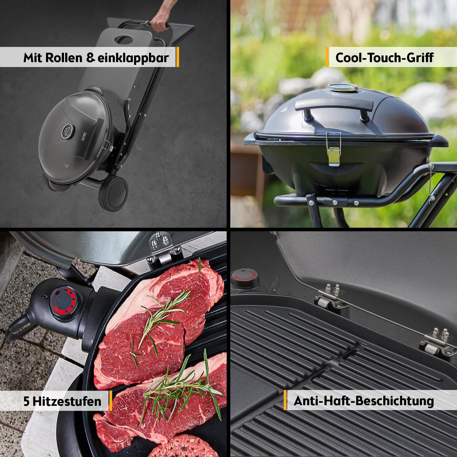 TZS First Austria 2in1 Elektrogrill – extrem stabiler & klappbarer Elektrogrill für Balkon – abnehmbarer 2400 Watt Standgrill mit Deckel, Standfuß & Rädern, Kunststoff/Metall – inkl. Temperaturregler