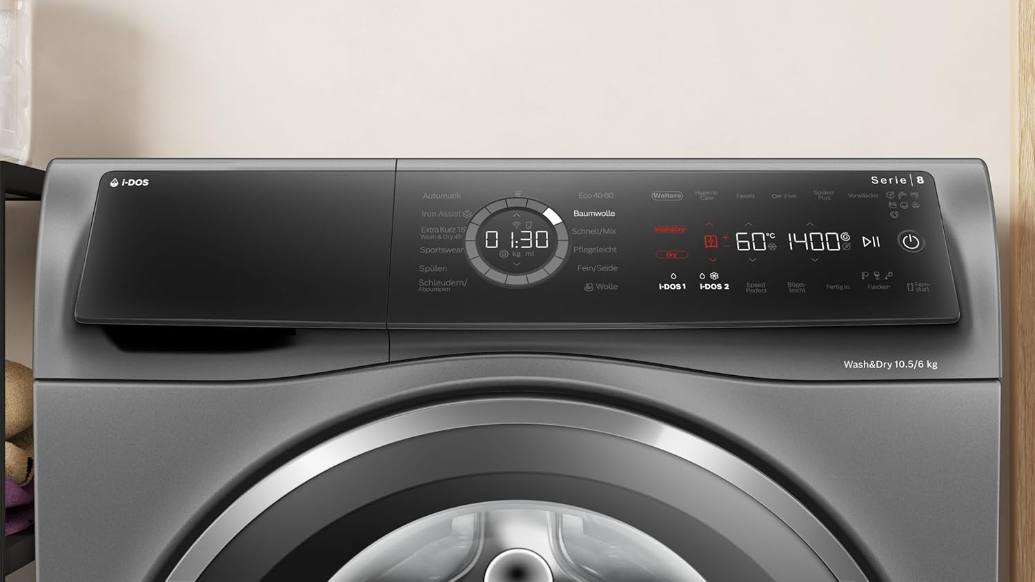 Bosch WNC254AS0, Serie 8, Smarter Waschtrockner, 10.5 kg Waschen  und  6 kg Trocknen, 1400 UpM, i-Dos intelligente Waschmittel-Dosierung, entfernt 16 Fleckenarten, IronAssist mit Dampffunktion, AutoDry