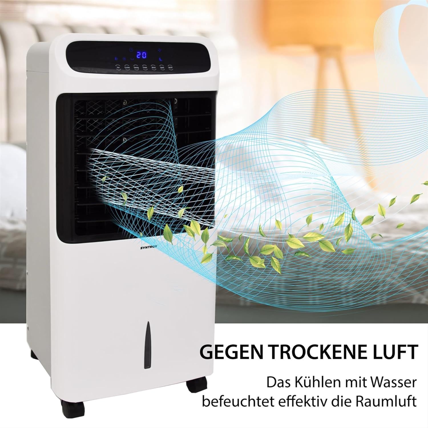 Syntrox Verdunstungskühler Windo | Luftkühler mit Wasser | Luftbefeuchter, Einstellbare Geschwindigkeiten und Timer, Effektive Kühlung gegen trockene Luft, für zuhause und Büro