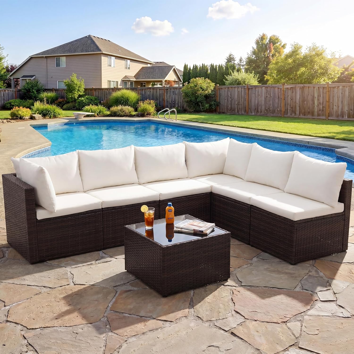 Sweetcrispy 7-Piece Outdoor Patio Sectional Sofa, Modular PE Wicker Outdoor Sectional with Thick Cushions, Rattan Patio Sofa Set with Coffee Table for Backyard, Poolside, Garden, Deck, Brown