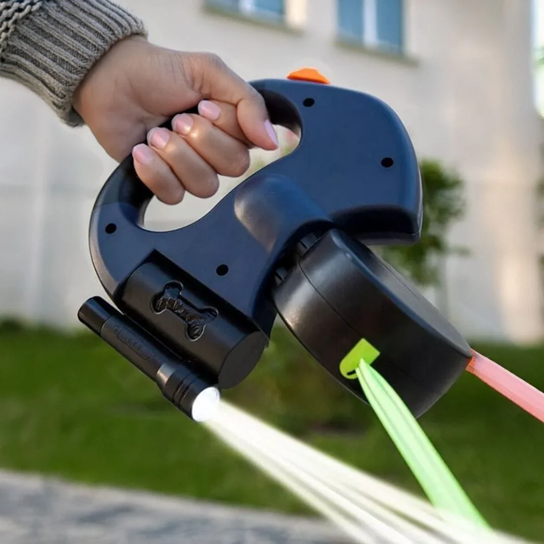 Dual Retractable Dog Leash with Flashlight & Waste Bag Holder