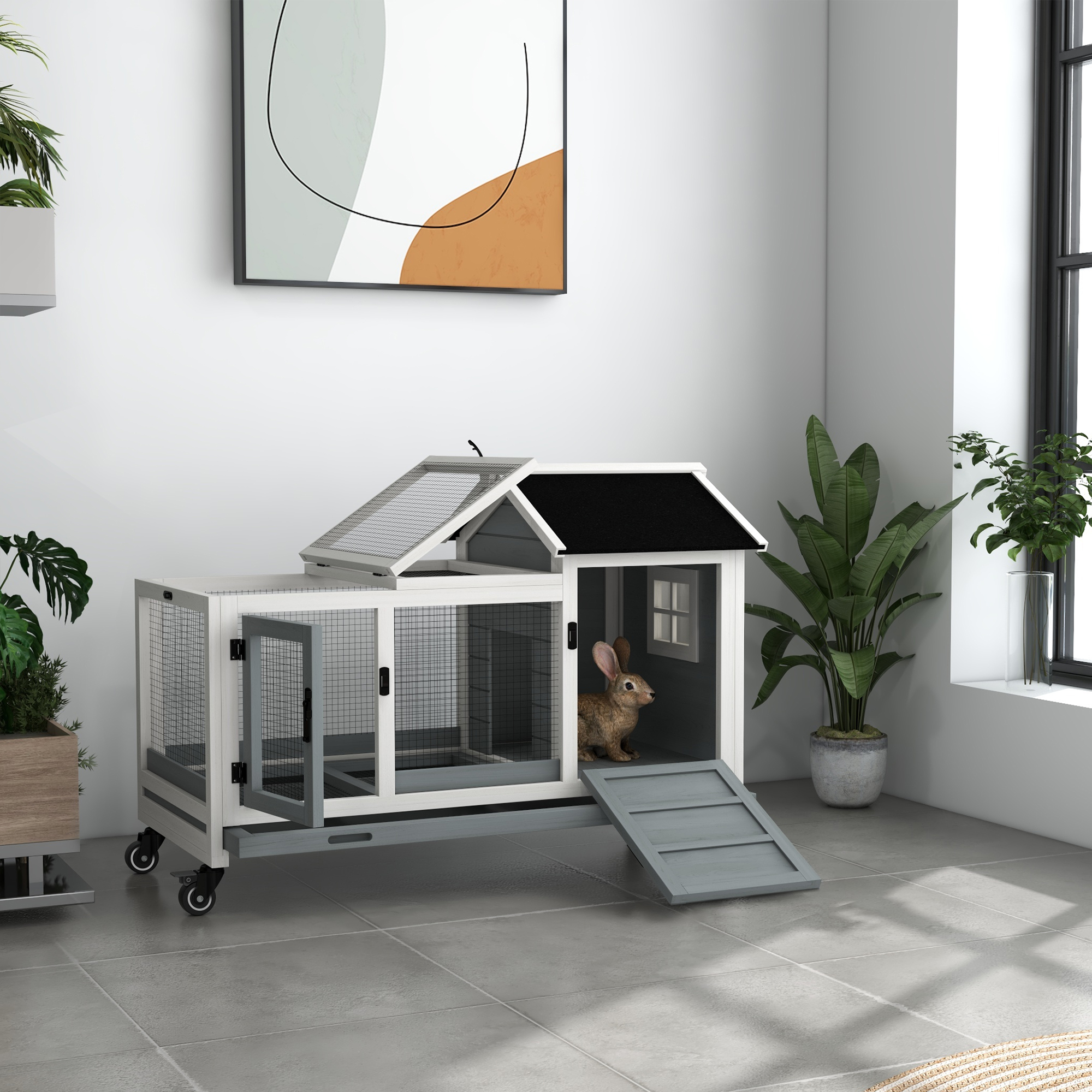 PawHut Konijnenhok, Kleine Dierenhok voor Dwergkonijnen, Cavia's, met Wielen, 108 x 58 x 73,5 cm, Grijs