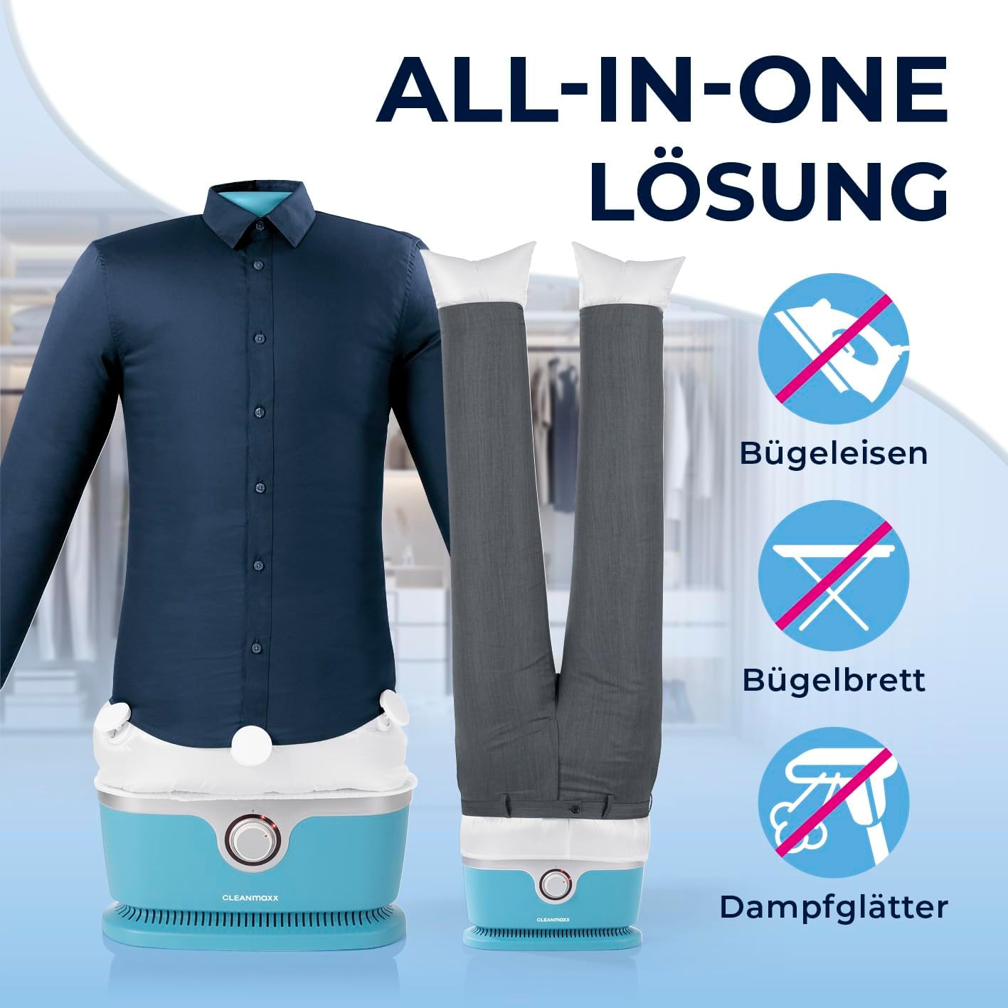 CLEANmaxx Automatischer Hemden-Bügler zum Trocknen und Gltten von Hemden & Blusen inklusive Aufsatz für Hosen | Die innovative und schonende Art, Ihre Wsche zu gltten