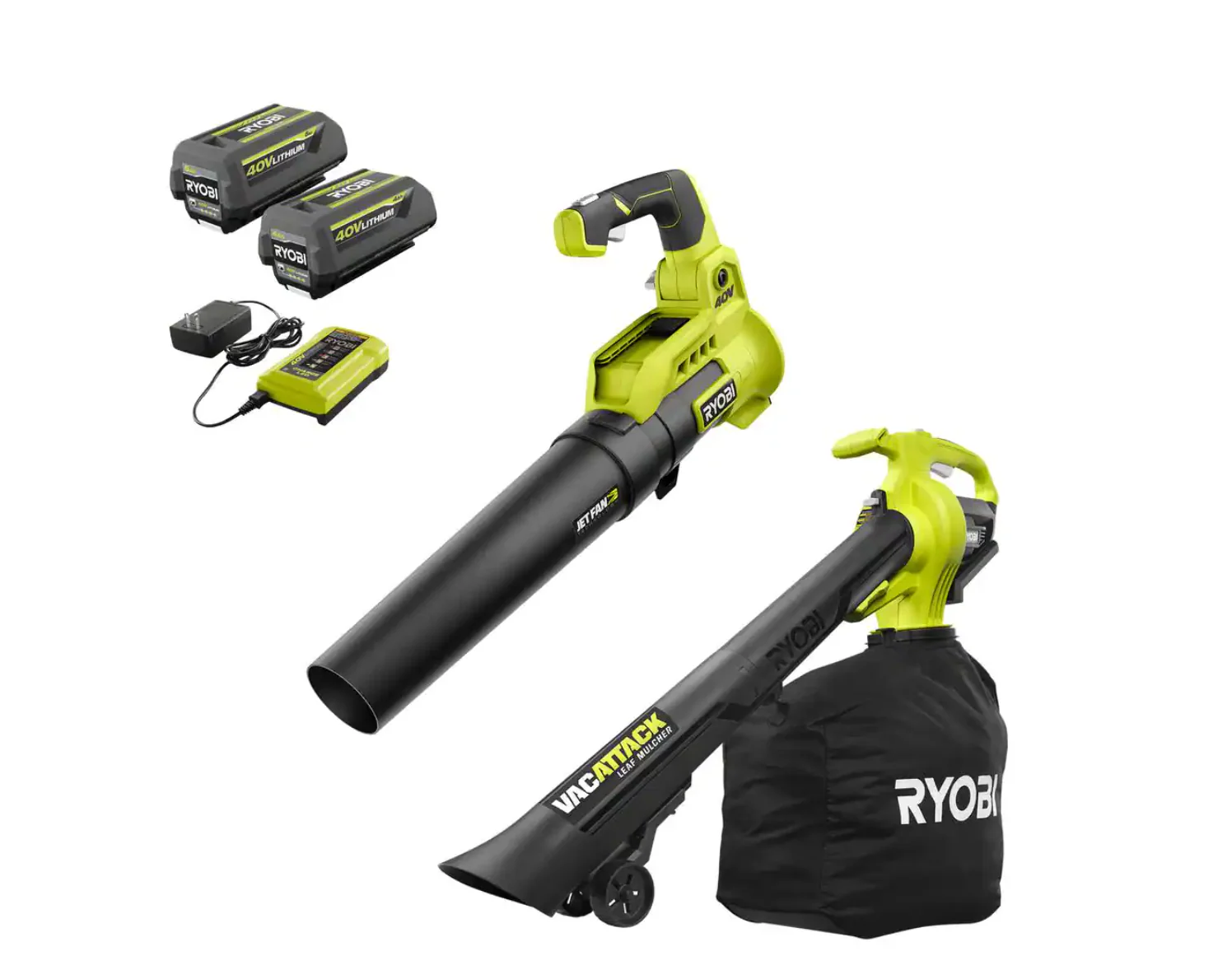 2025 Aspiradora y Soplador de Hojas Inalámbrico RYOBI RY40451BL 40V 110 MPH 525 CFM con 2 Baterías y 2 Cargadores