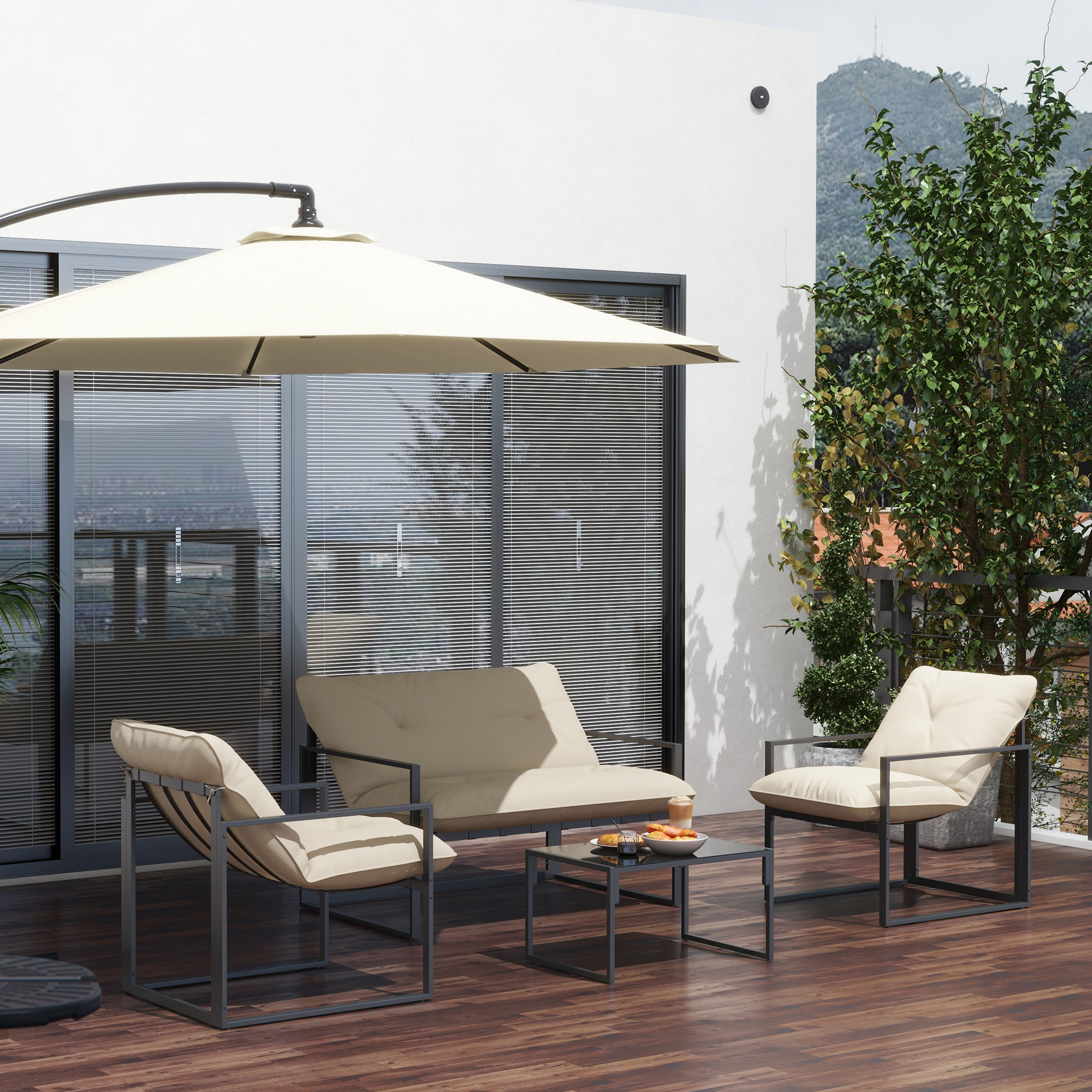 Tuinmeubelset met Glazen Tafel, 2 Stoelen, 1 Bank, Weerbestendig, 114 cm x 70 cm x 67 cm, Grijs+Beige