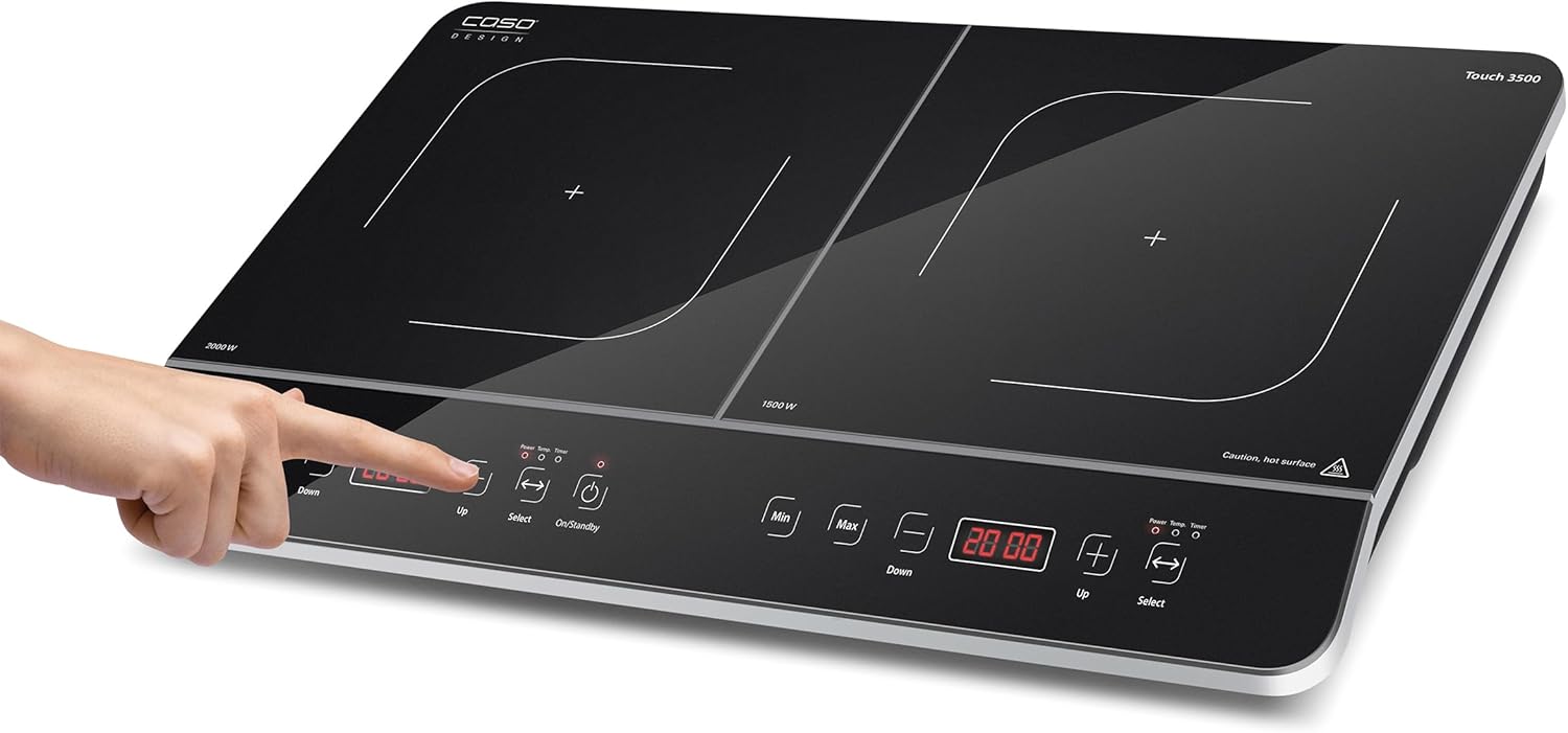 CASO Touch 3500 Induktionskochplatte doppelt mobil, Sicherheitsschalter, 60-240°C, 6 Stufen, Timer 180 Min., Tpfe bis 26 cm, 3500 Watt, Glaskeramik