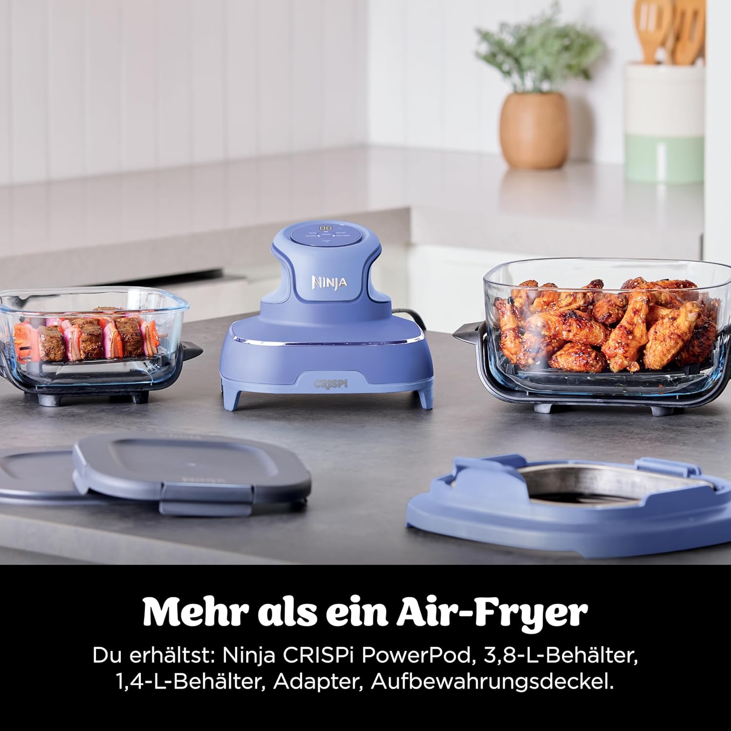 Ninja CRISPi Tragbare Heißluftfritteuse, 3,8 l & 1,4 l, 4-in-1: Heißluftfrittieren, Braten, Warmhalten, Aufknuspern, kompakt, 6 Portionen, 2 Glasbehälter & Deckel, 1700 W, Hellflieder FN101EUPR