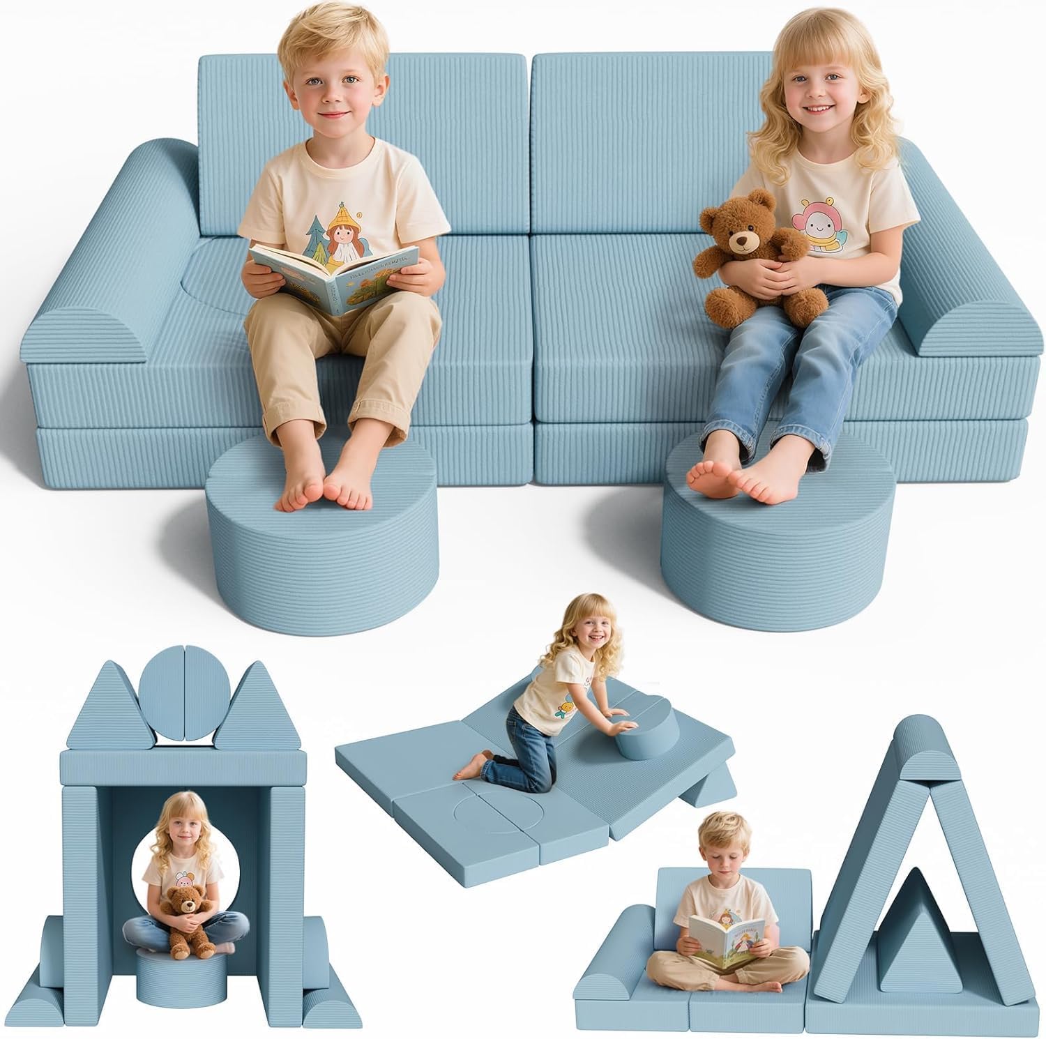 MAMIZO Spielsofa Cord, Kindersofa-Bausteine, 15-Teiliges Modulare Kinderspielcouch, Spielsofa für Kinder, Kindercouch Aufklappen Oeko-TEX, kreatives Spielen für Kuschelecke im Kinderzimmer (Blau)