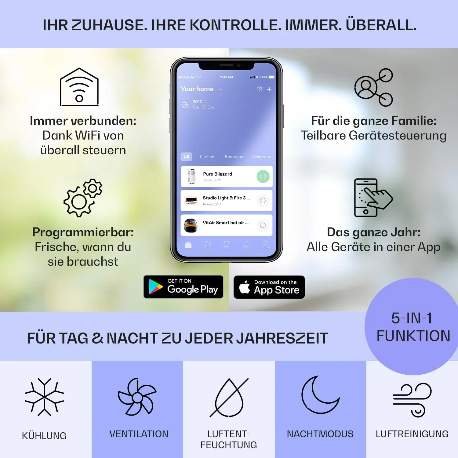Klarstein Mobile Klimaanlage mit Abluftschlauch, 5-in-1 Klimager?t, Ventilator, Luftentfeuchter, Luftreiniger & Nachtmodus, App-Steuerung, Kleine & Portable, f��r Wohnung & B��ro, 12000 BTU