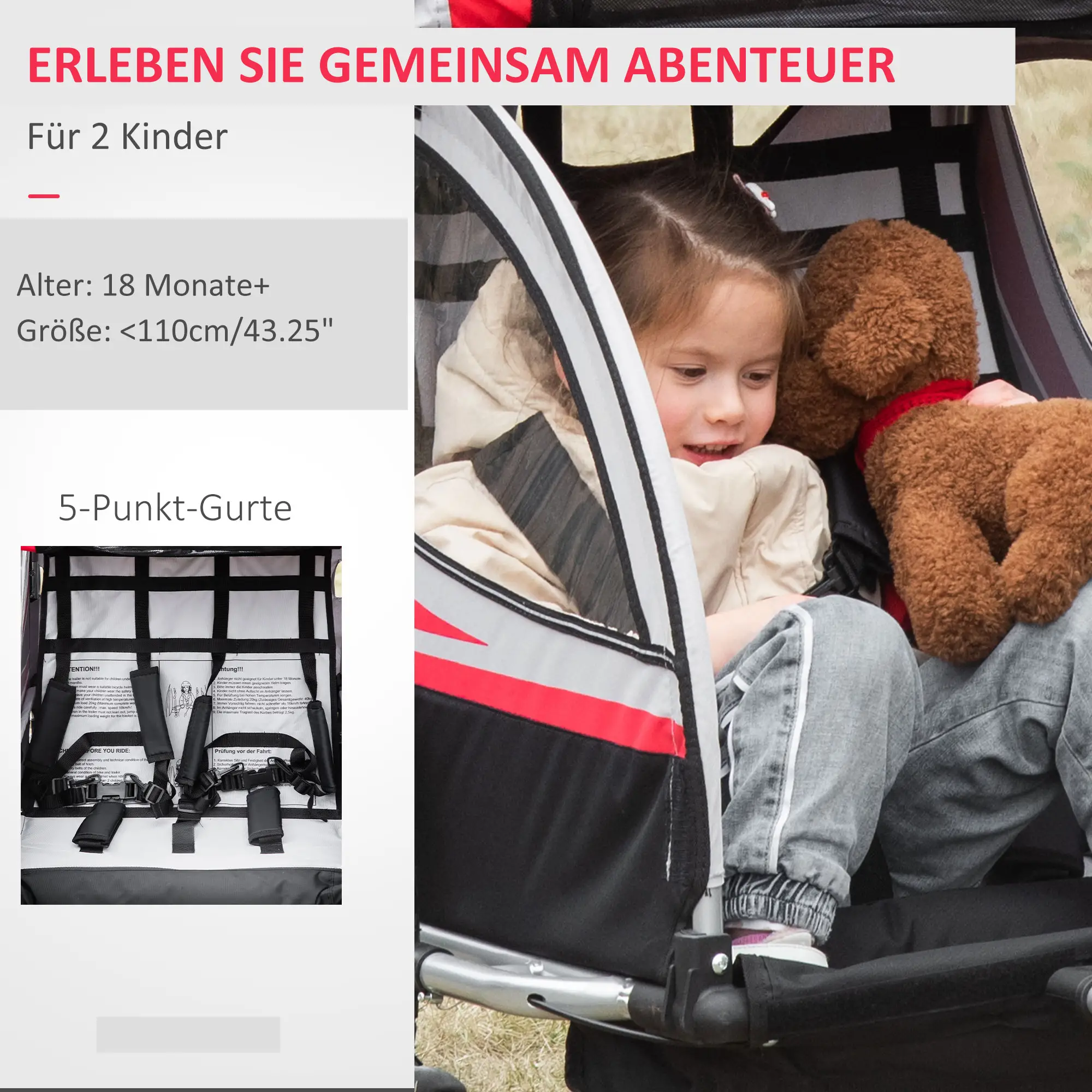 HOMCOM Kinderfietskar 2-in-1 Duwkar veilige rit rood