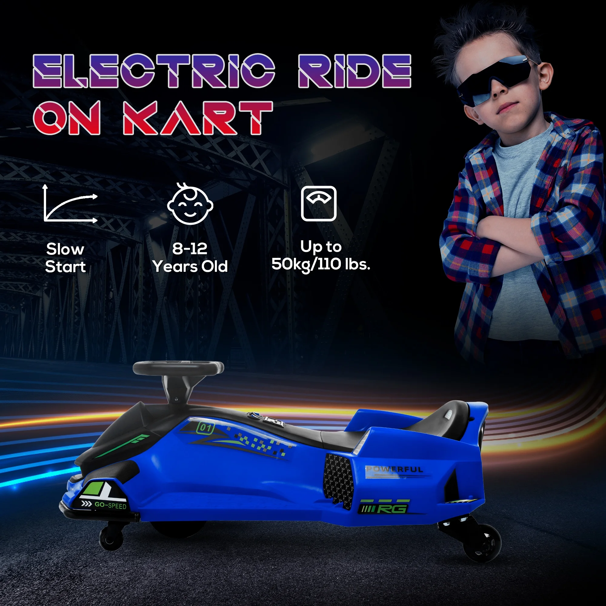 2025 Aosom 12V Elektrische Gokart met Langzame Start, Muziek en Verlichting �C Blauw