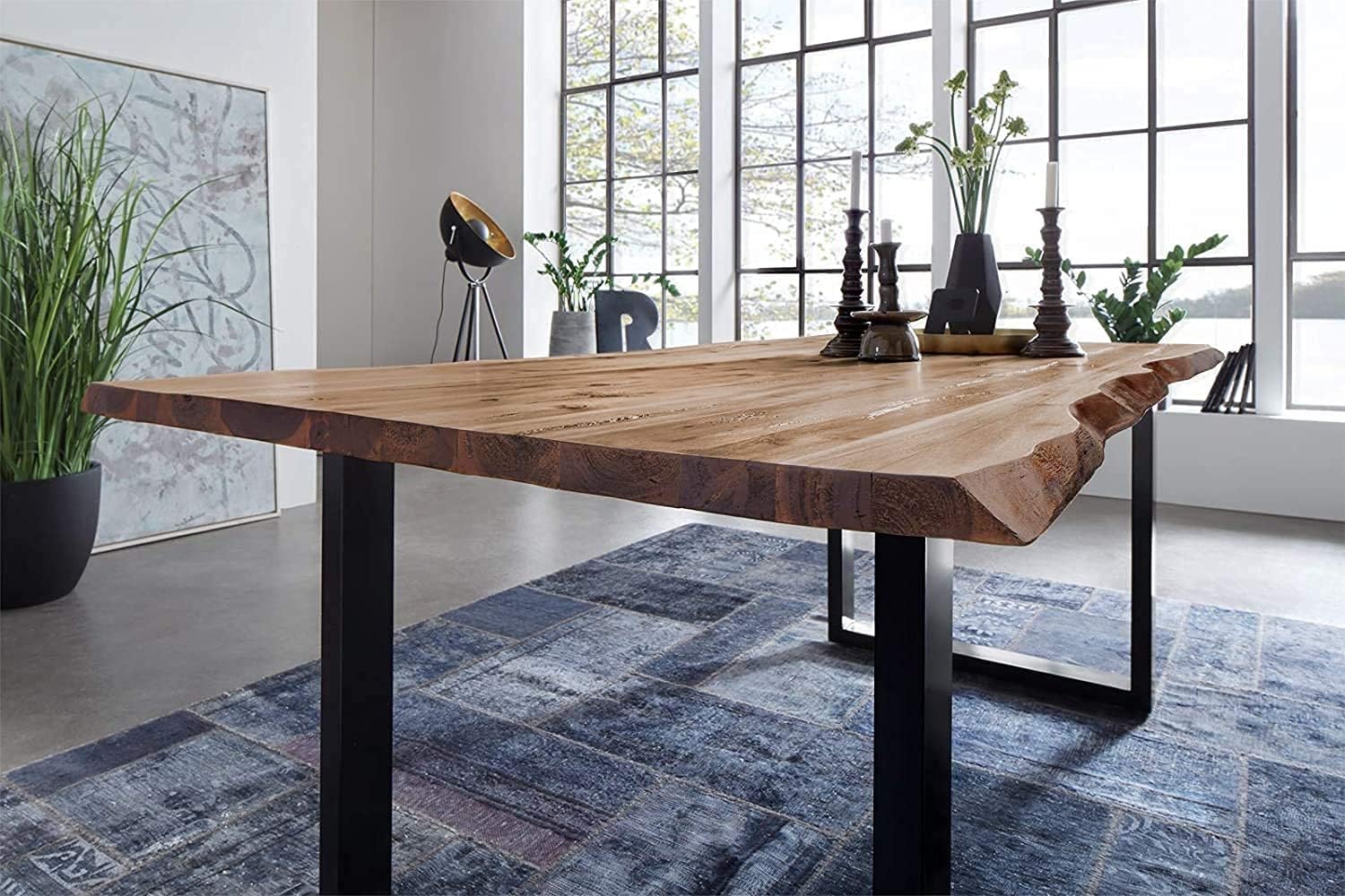 SAM Baumkantentisch 160x85 cm Mephisto, Akazienholz massiv + naturfarben lackiert, Esstisch mit schwarz lackiertem U-Gestell, Esszimmertisch/Holztisch, Tischplatte 26 mm