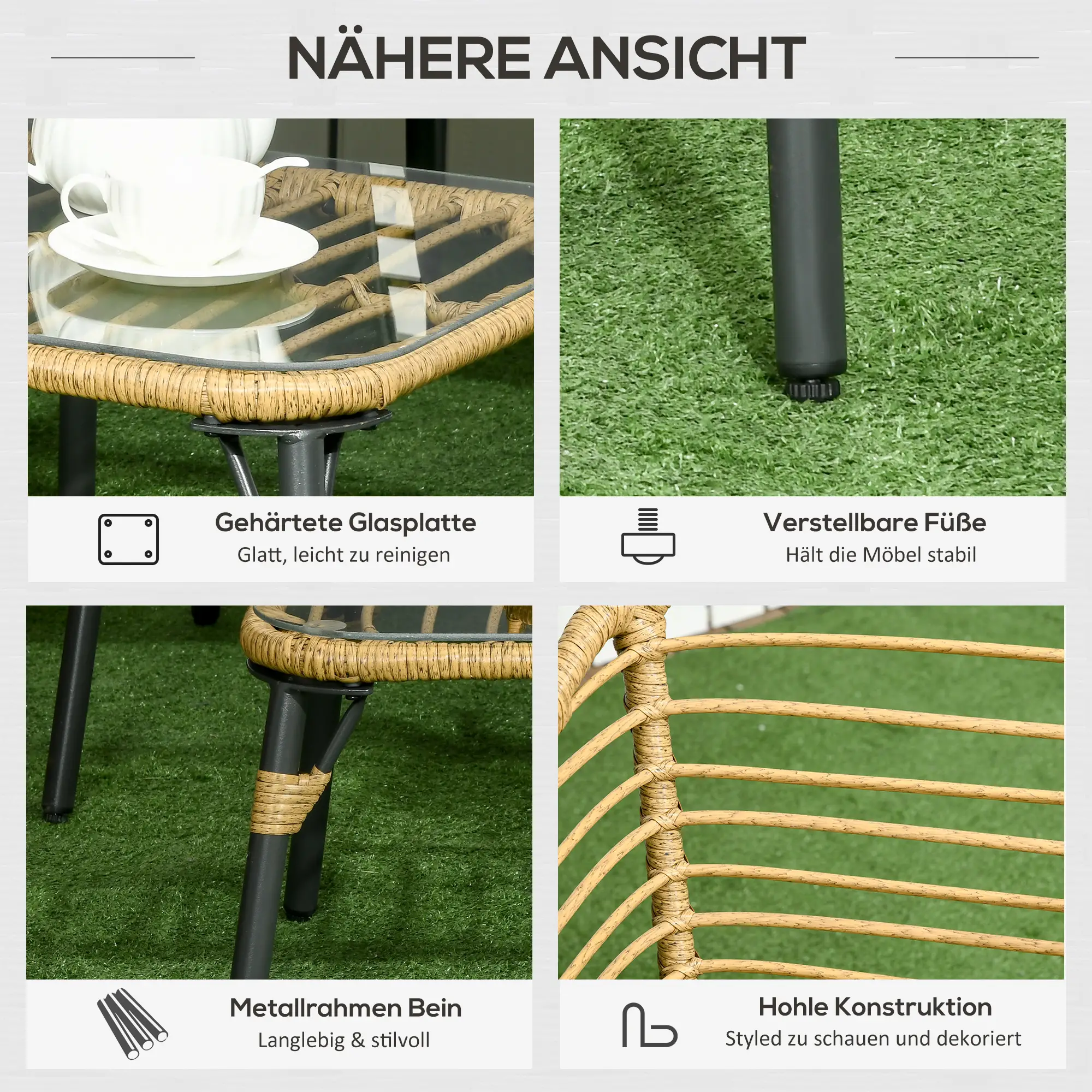 Outsunny Polyrattan Tuinbankset 4-delig. Boho-stijl Glazen Salontafel