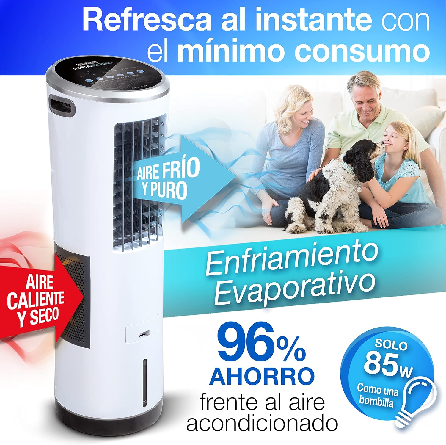 INSTACHILL Enfriador Evaporativo de torre Mejor que Ventilador, menor consumo que Aire Acondicionado. Sin instalación Pórtatil. Mando a distancia. Saludable sin sustancias químicas. Seguro sin aspas