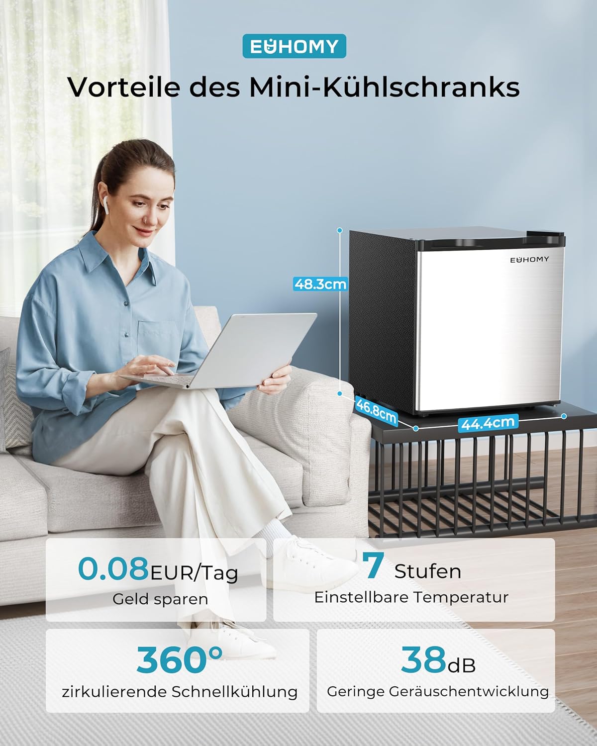 EUHOMY Mini Kühlschrank, 46L Kühlschrank klein, kleiner Kühlschrank mit umkehrbarer Tür, 7-Stufen Thermostat, 38dB Ultra-Leise, Energieeffizienter Kompaktkühlschrank für Schlafzimmer, Büro