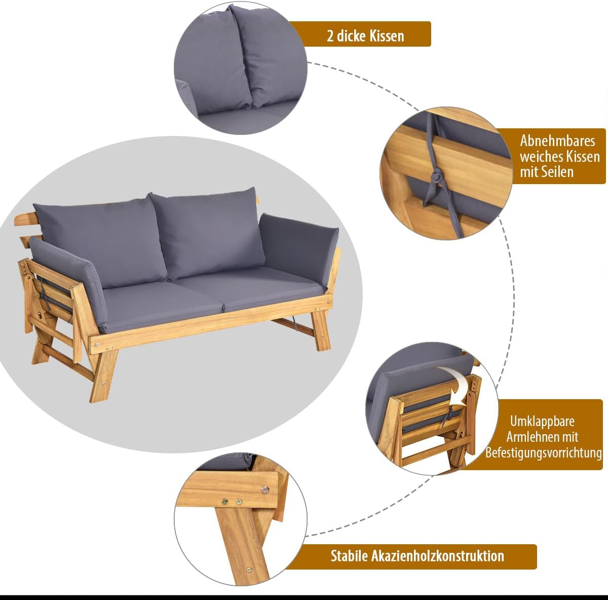 COSTWAY Ławka ogrodowa z funkcją leżenia, sofa ogrodowa z poduszkami i składanym podłokietnikiem, ławka balkonowa z drewna akacjowego, sofa balkonowa, sofa ogrodowa do ogrodu, na taras, balkon, 198 x