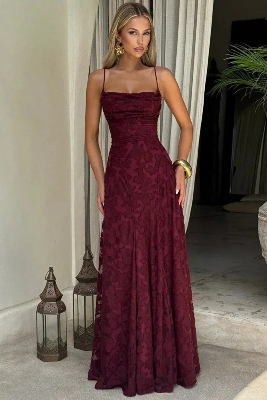 Damen Maxikleid mit Spaghetti-Tr?gern und Blumen-Jacquard | R��ckenfreies Abendkleid mit Schn��rung f��r festliche Anl?sse