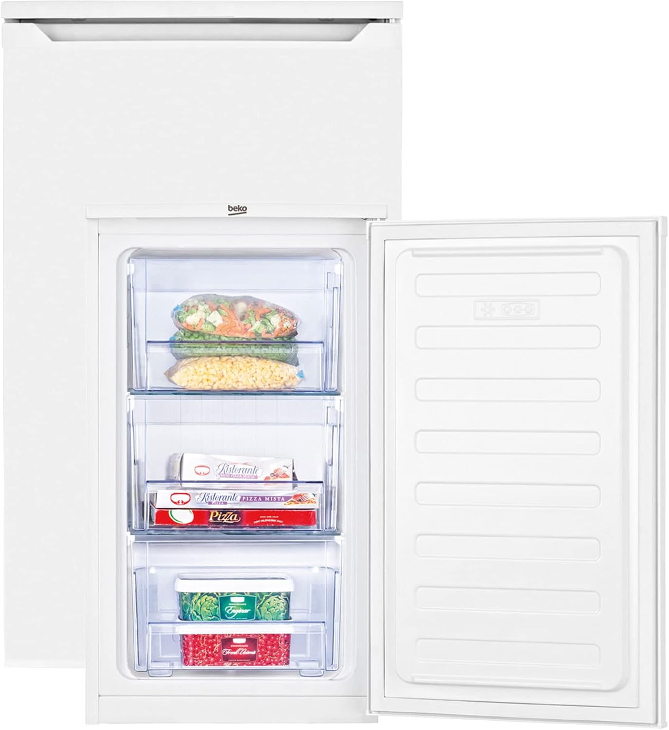 Beko FS166020 Gefrierschrank, freistehend, unterbaufähig, 65 l Nettovolumen, 3 kg/24h Gefrierkapazität, 3 Schubladen, MinFrost, wechselbarer Türanschlag, in unbeheizten Räumen nutzbar, Weiß