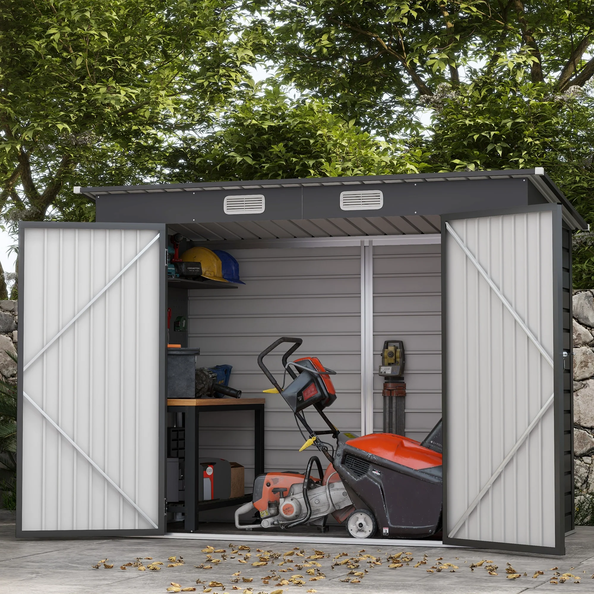 Outsunny Stalen tuinschuurtje, Geräteschuppen, Dubbele Deuren, 249B x 121D x 166/183H cm, Grijs