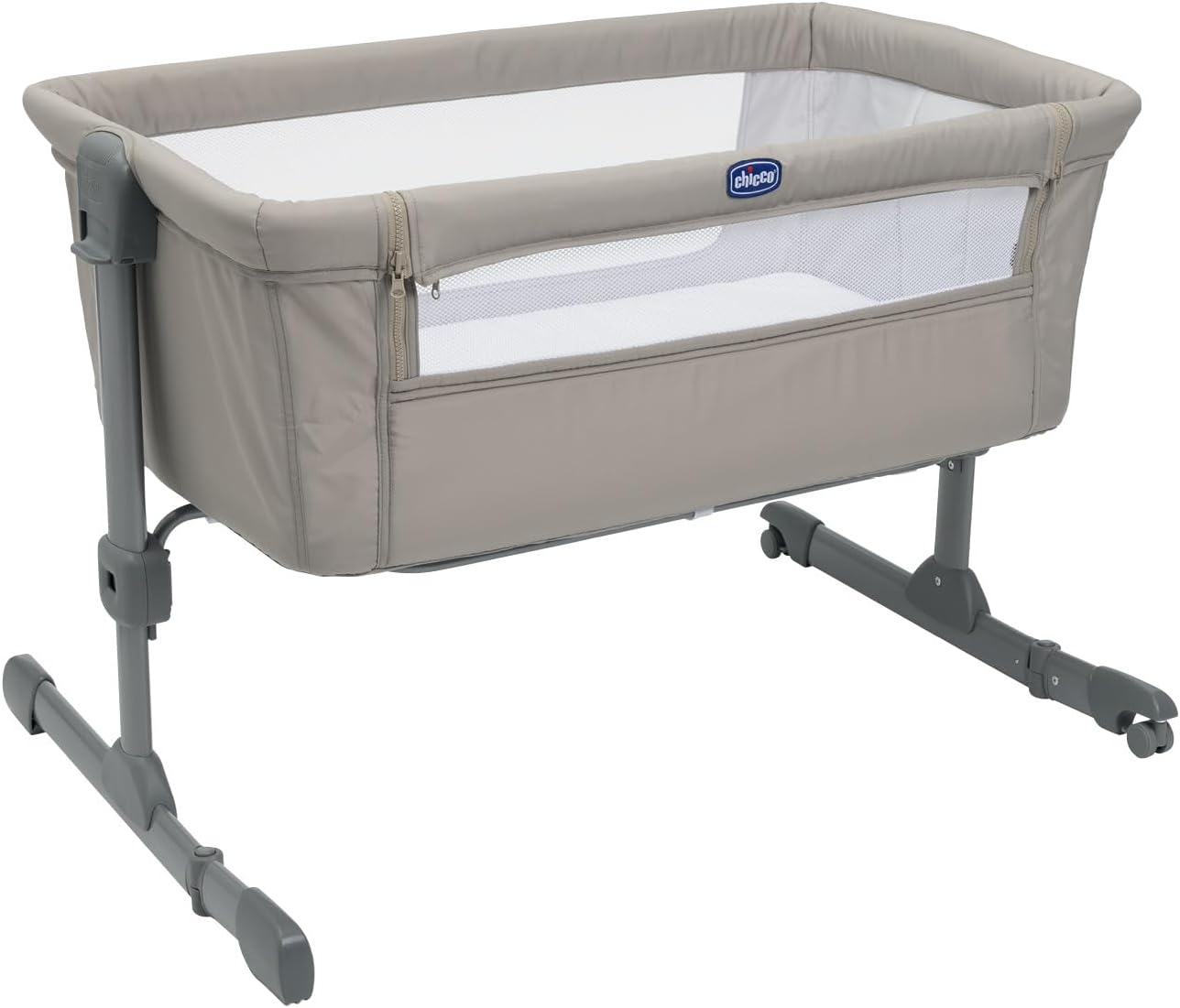 Chicco Next2Me Twins, łóżeczko dziecięce boczne na spinki do mankietów, 2 materace, ramię, które można otworzyć jedną ręką, 11 poziomów wysokości, drążek działowy z wkładkami siatkowymi, 0-6 miesięcy