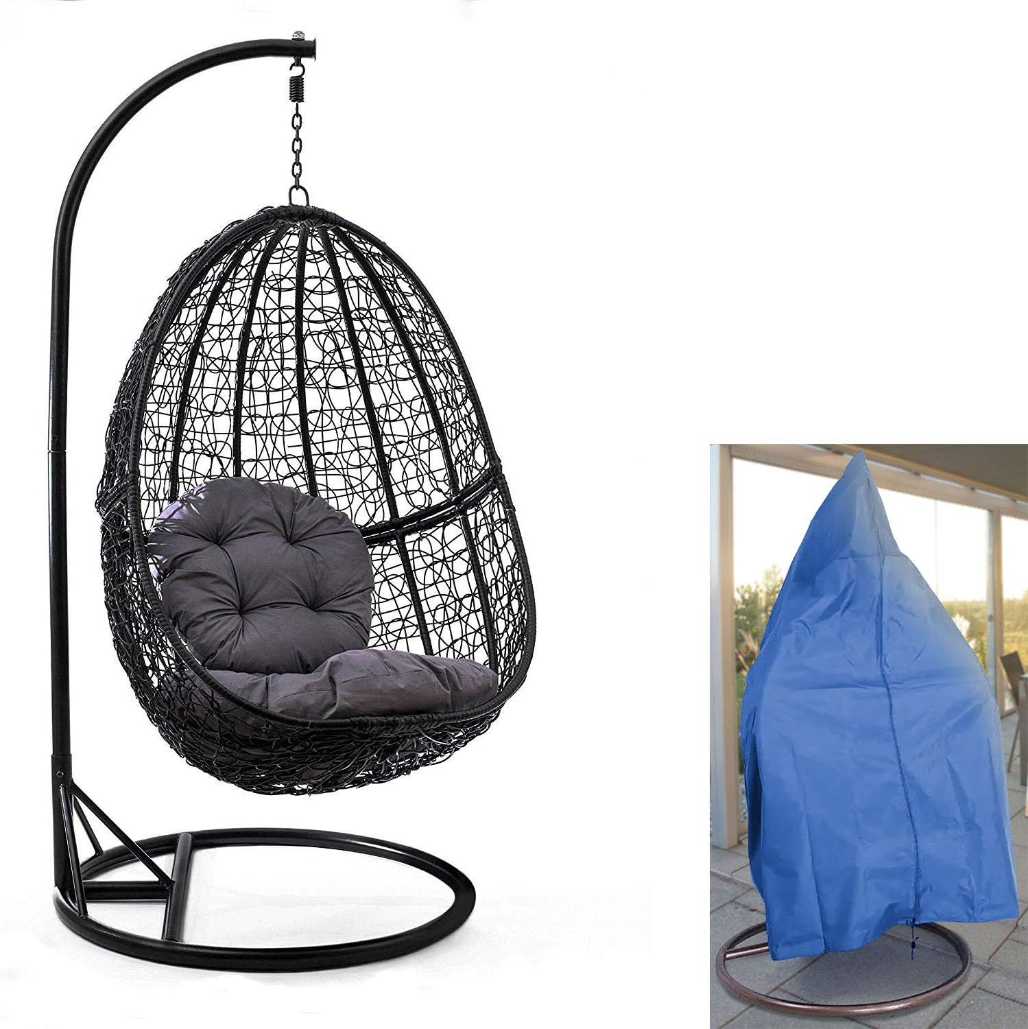 Luxus Hängesessel mit Gestell Schwarz Sitzkissen Grau XL + Cover Blau