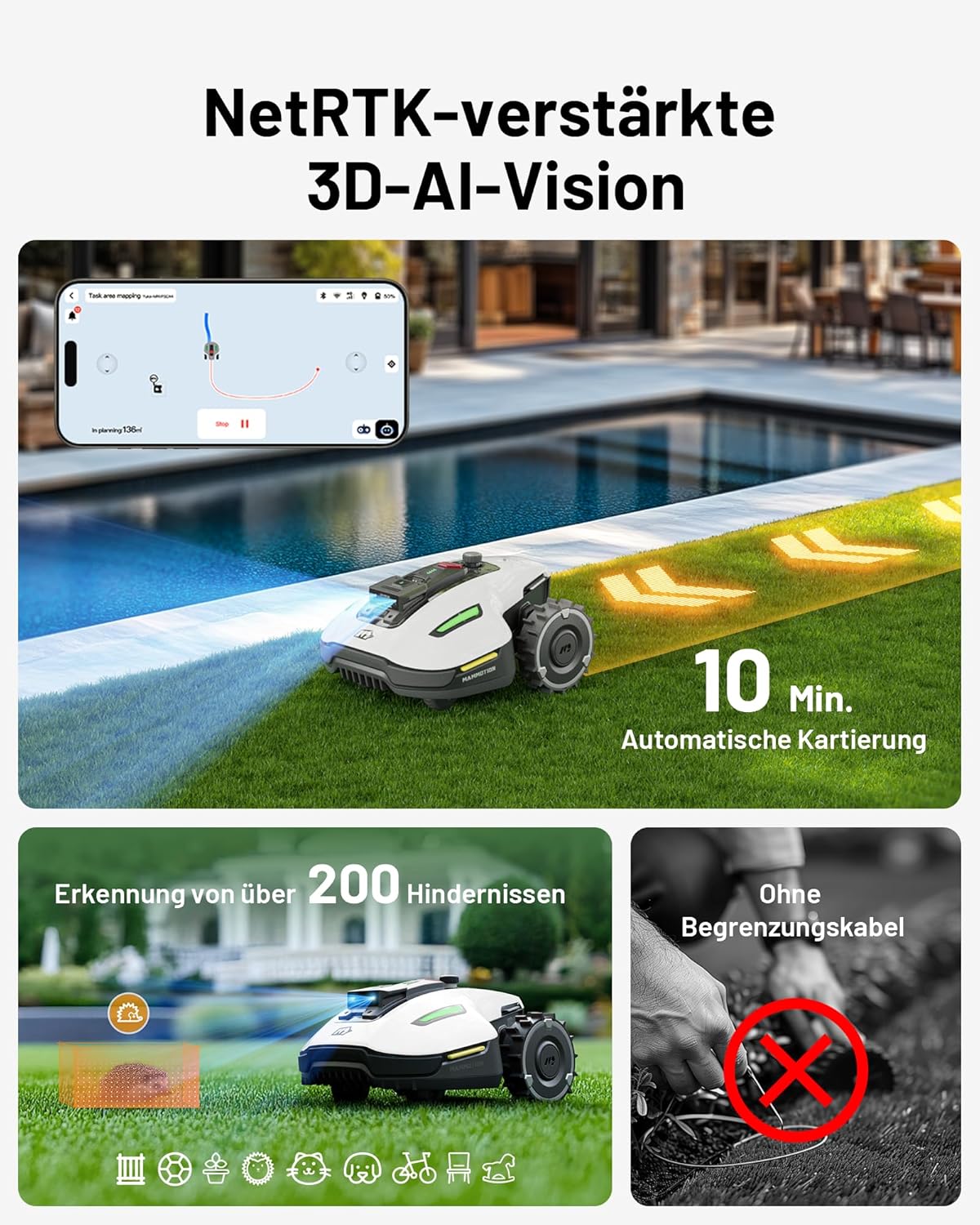 MAMMOTION YUKA Mini 700 Mähroboter ohne Begrenzungskabel, NetRTK+Vision, Keine RTK-Antenne erforderlich, Auto-Kartierung, Empf. 700m², Max. 1100m², mit 4G-Modul, 50% Steigung