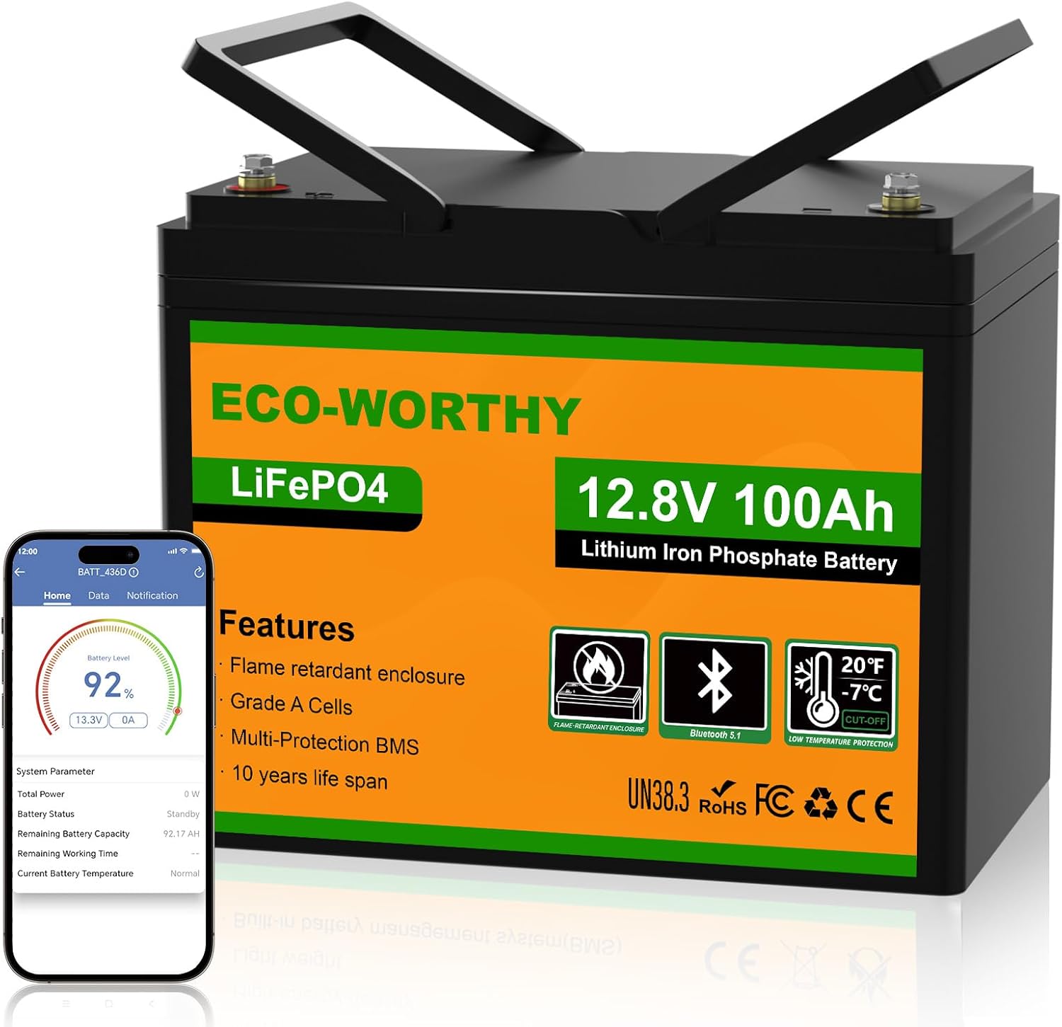 ECO-WORTHY LiFePO4 12V 100Ah Bluetooth mit 100A BMS Low Temperature Schutz und Max. 15000 Zyklens,1280Wh Lithium Batterie 12V 100Ah Autobatterie für Wohnmobil,Wohnwagen,Boot