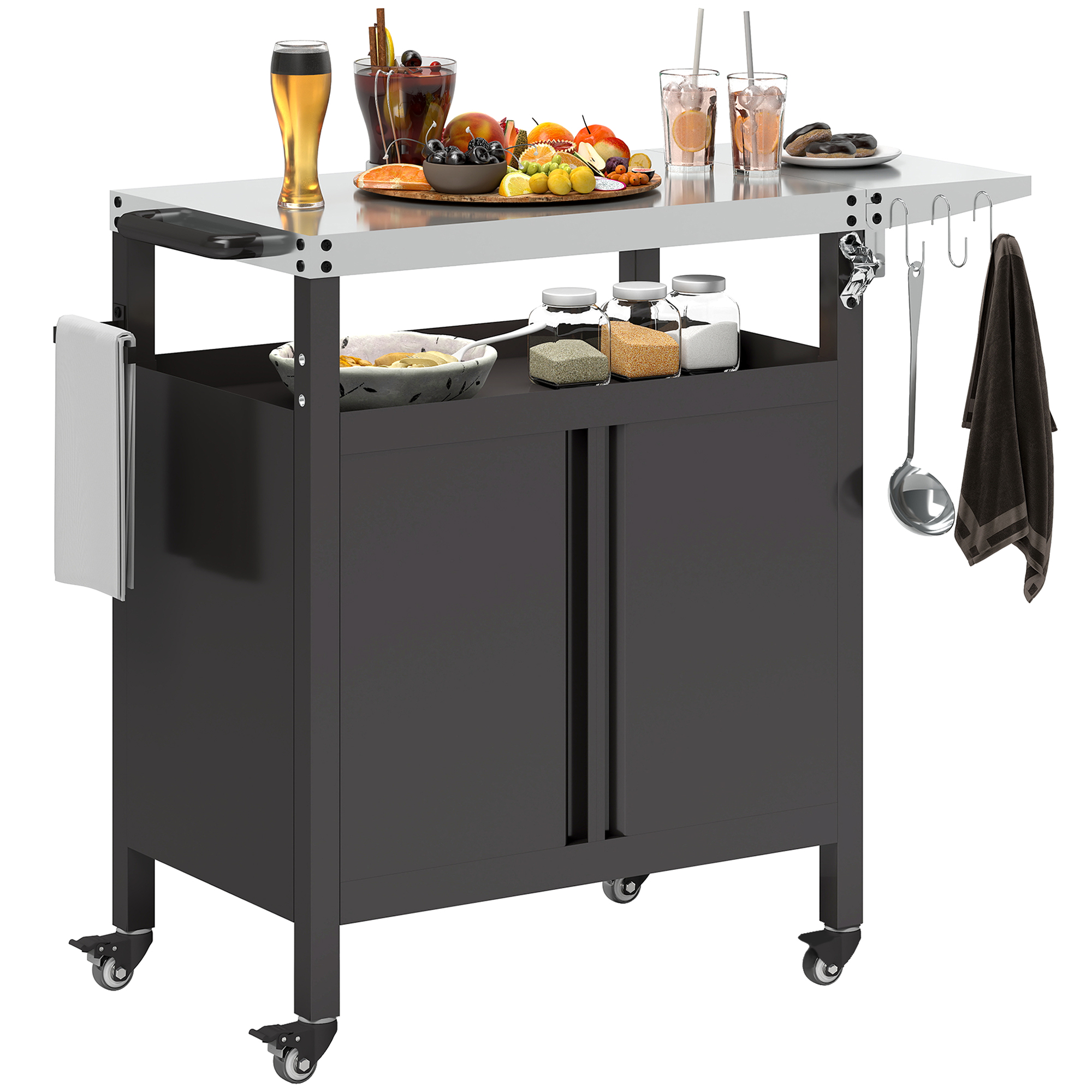 Outsunny Grillwagen met 3 Niveaus Serveerwagen met Werkblad Schrank Haken Wieltjes 116x50x93cm Zwart