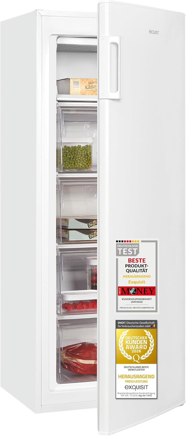 Exquisit Gefrierschrank | 168 l Nutzinhalt, 4 Sterne Gefrierfach, 40 dB, Energieklasse D | manuelle Temperaturregelung, 4 Gefrierschubladen, Gefriertablett | GS5230-H-040D weiss