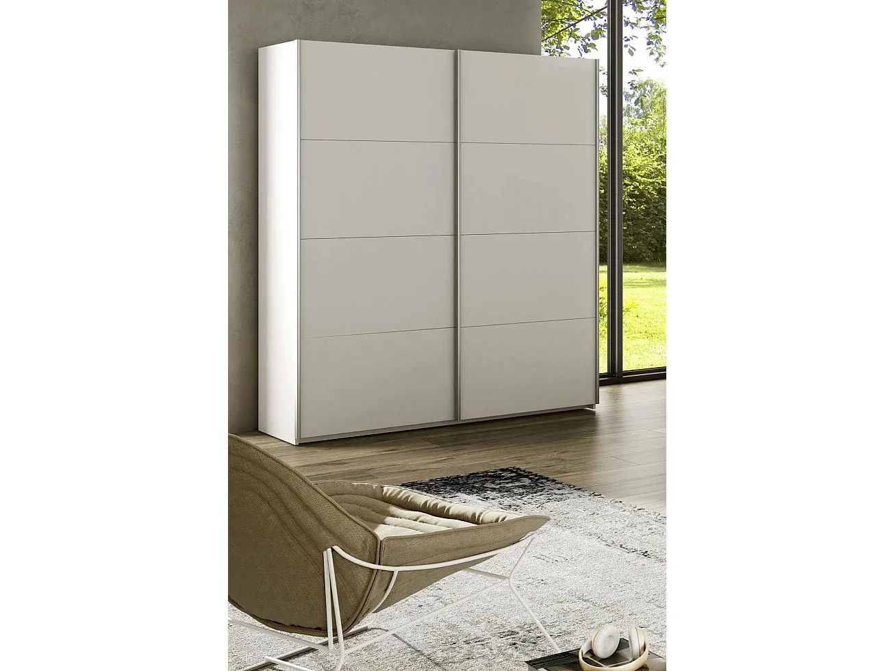 Schlafzimmerschrank mit Schiebetüren, Kleiderstange und Einlegeböden, Weiß, 150x60x200 cm