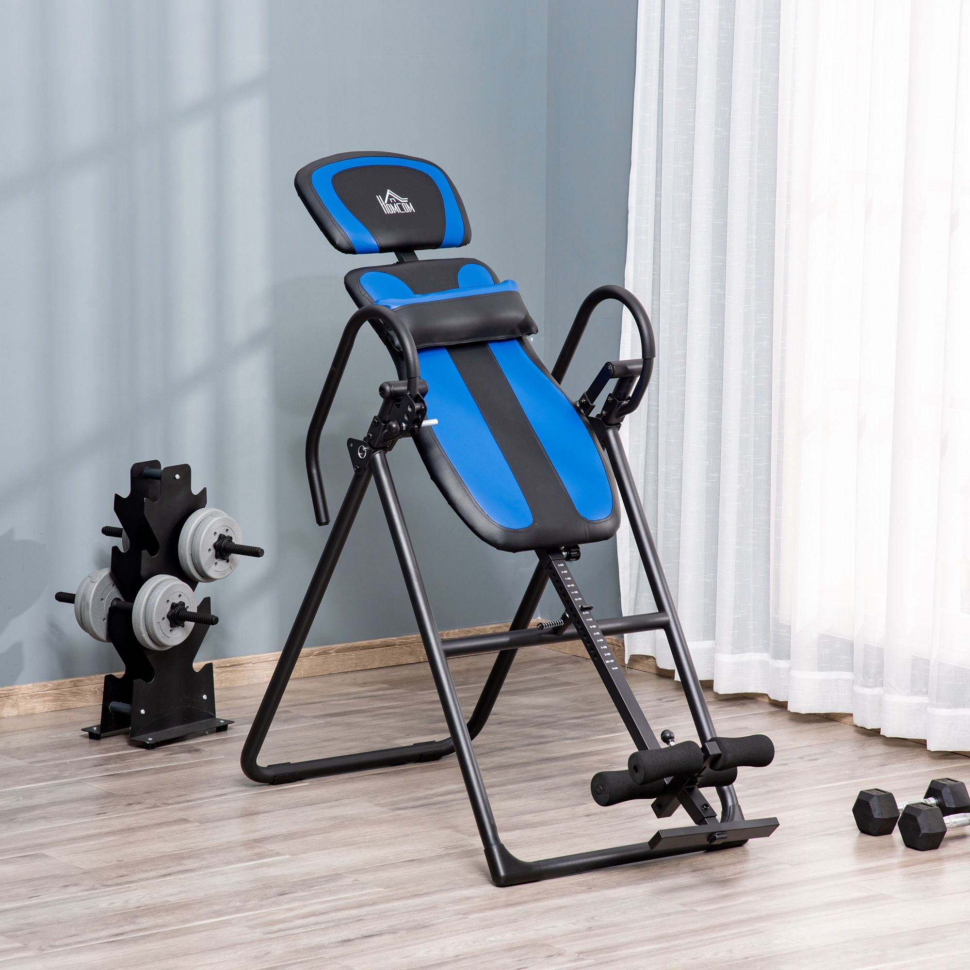 inversiebank opvouwbare zwaartekrachttrainer met twee beweegbare wielen set rugkussen metaal ABS zwart + blauw 132 x 71 x 145 cm