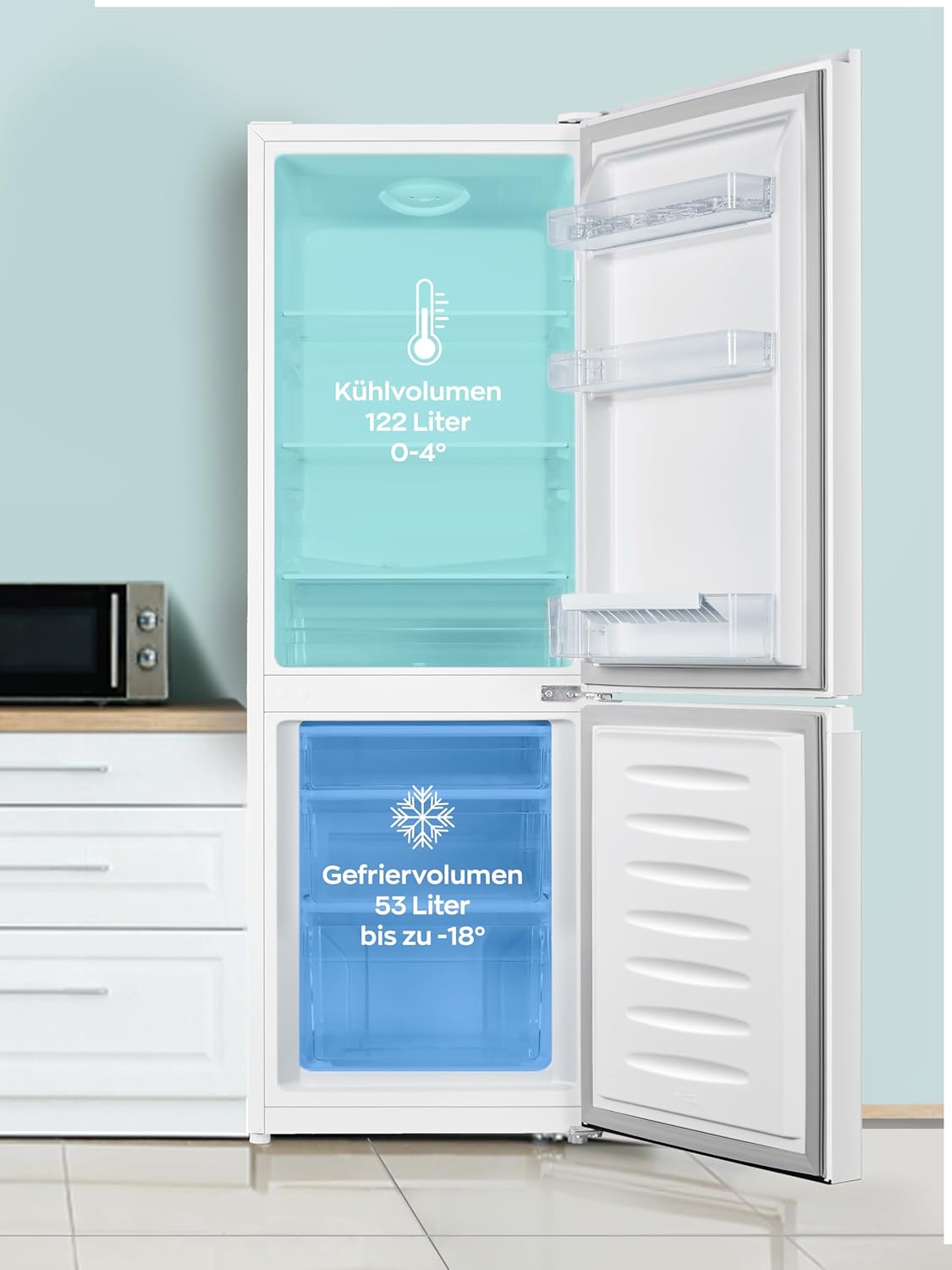 Heinrichs Fridge Freezer Combination 175 Litres, Cooling Volume 122 L, Freezer 53 L, LED Interior Lighting, Fridge Door Hinge, Changeable, Quiet 39 dB, Large Freezer Boxes, 7 Temperature Levels, inox