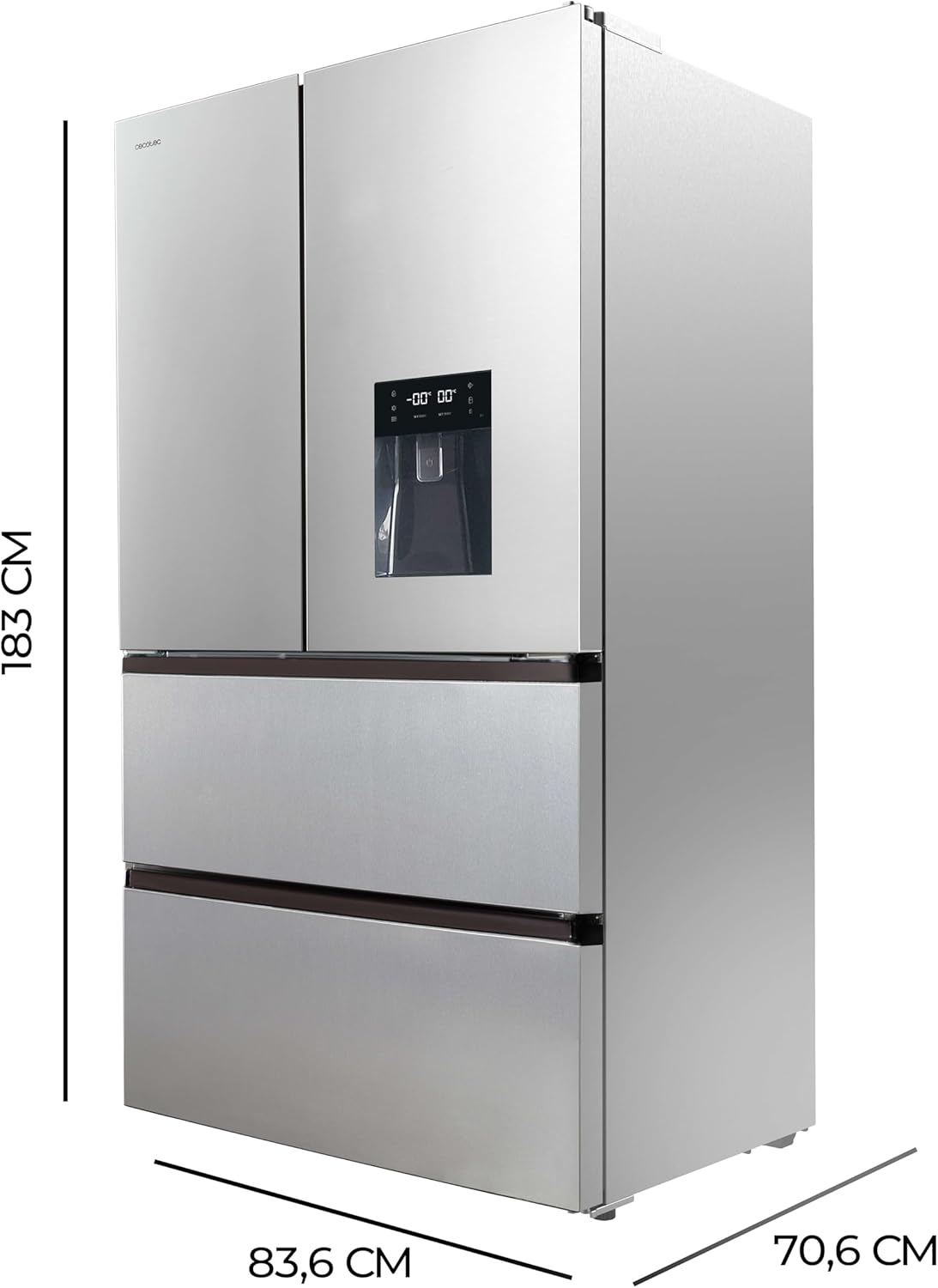Cecotec Réfrigérateur à Double Porte en Inox avec Distributeur d'Eau de 510 L Bolero CoolMarket FD 510 WD Inox E. 183 cm de Hauteur, 84 cm de Largeur, Moteur Inverter Plus, NoFrost Total