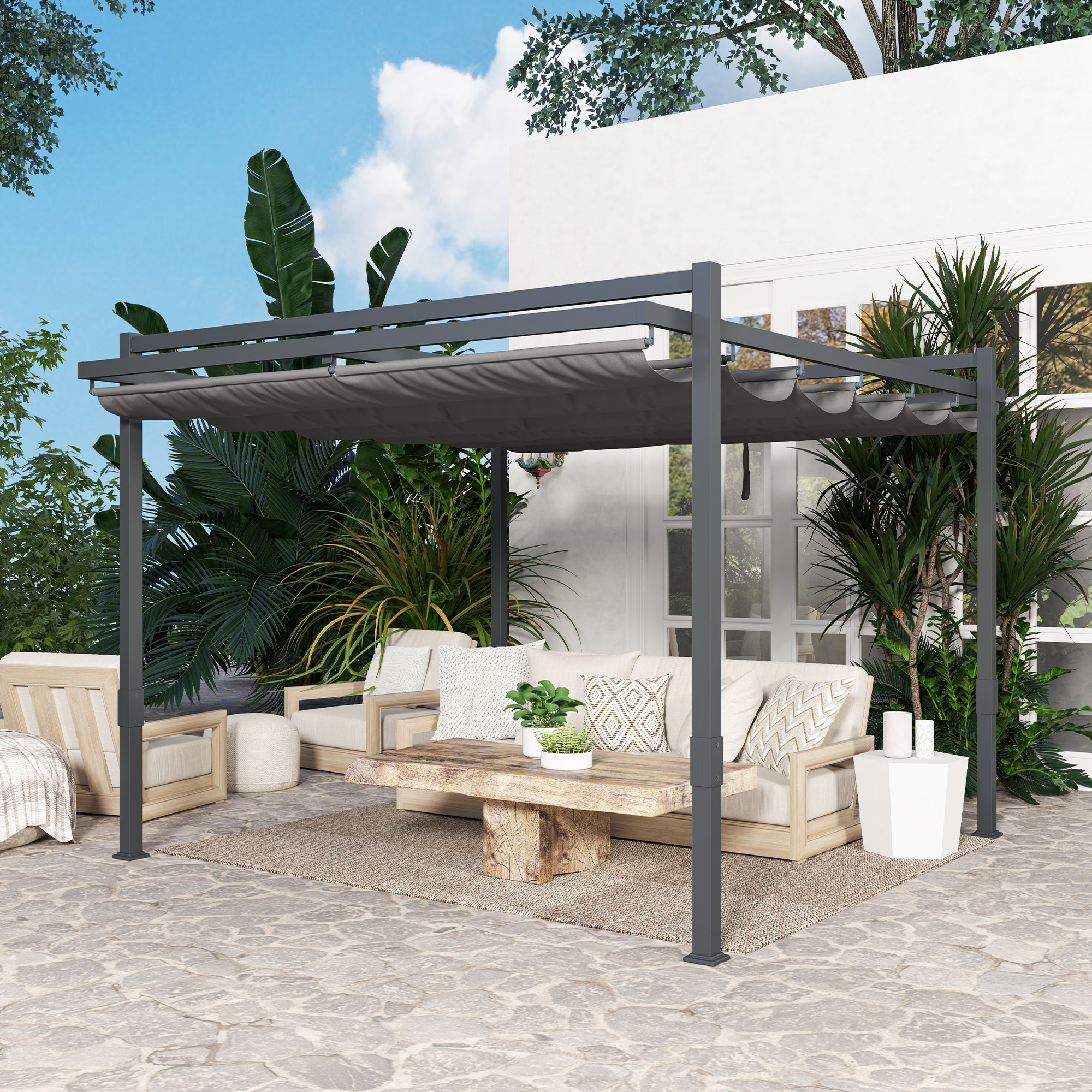 Pergola met Schuifdak ca. 3,5x3m Aluminium Duurzaam Winterbestendige Zonwering Grijs