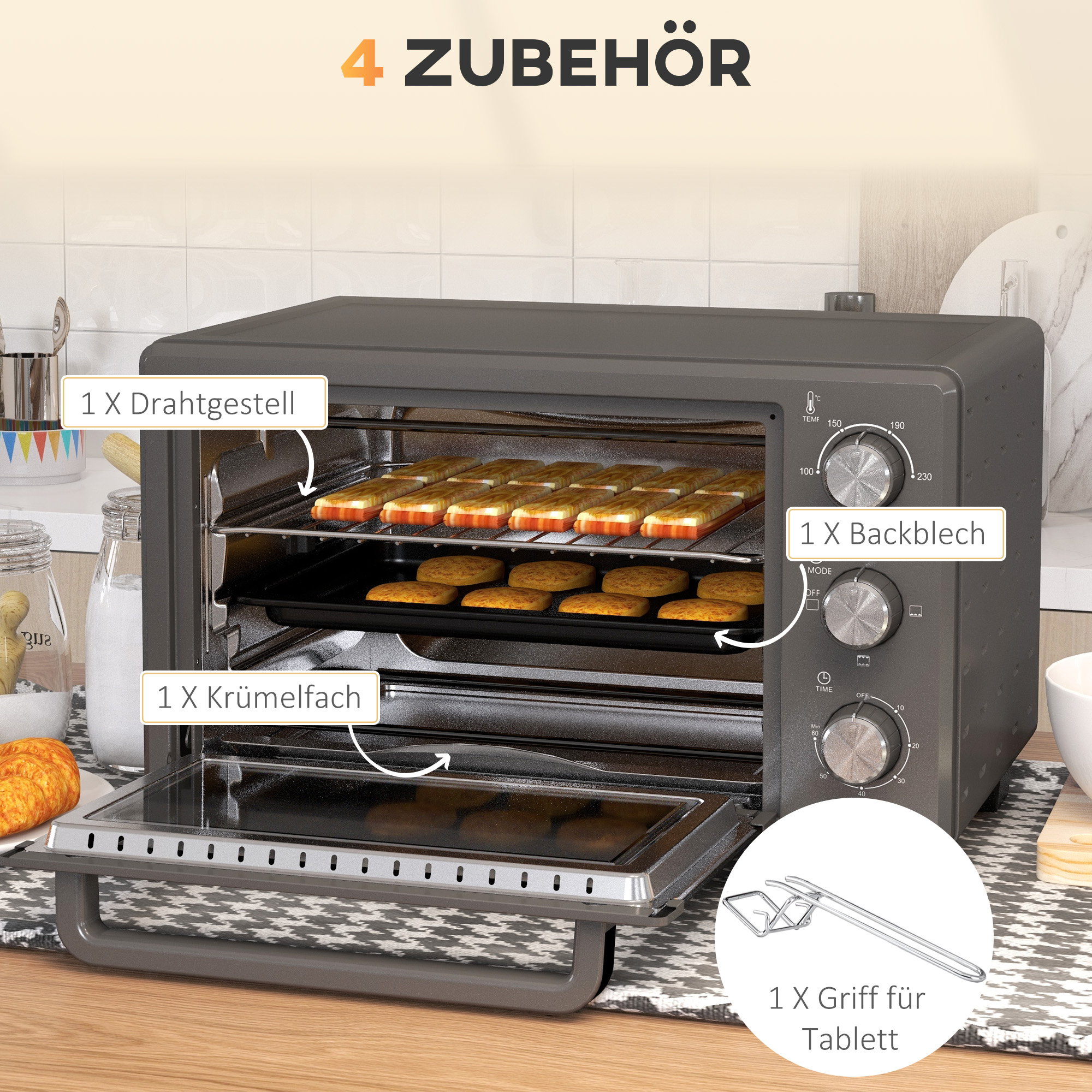 Minibackofen, 21L Toasterofen met 1 Draadrek en 1 Bakplaat, 3 Kookmodi, 100 ��C-230 ��C, Roestvrijstaal, Glas, Grijs