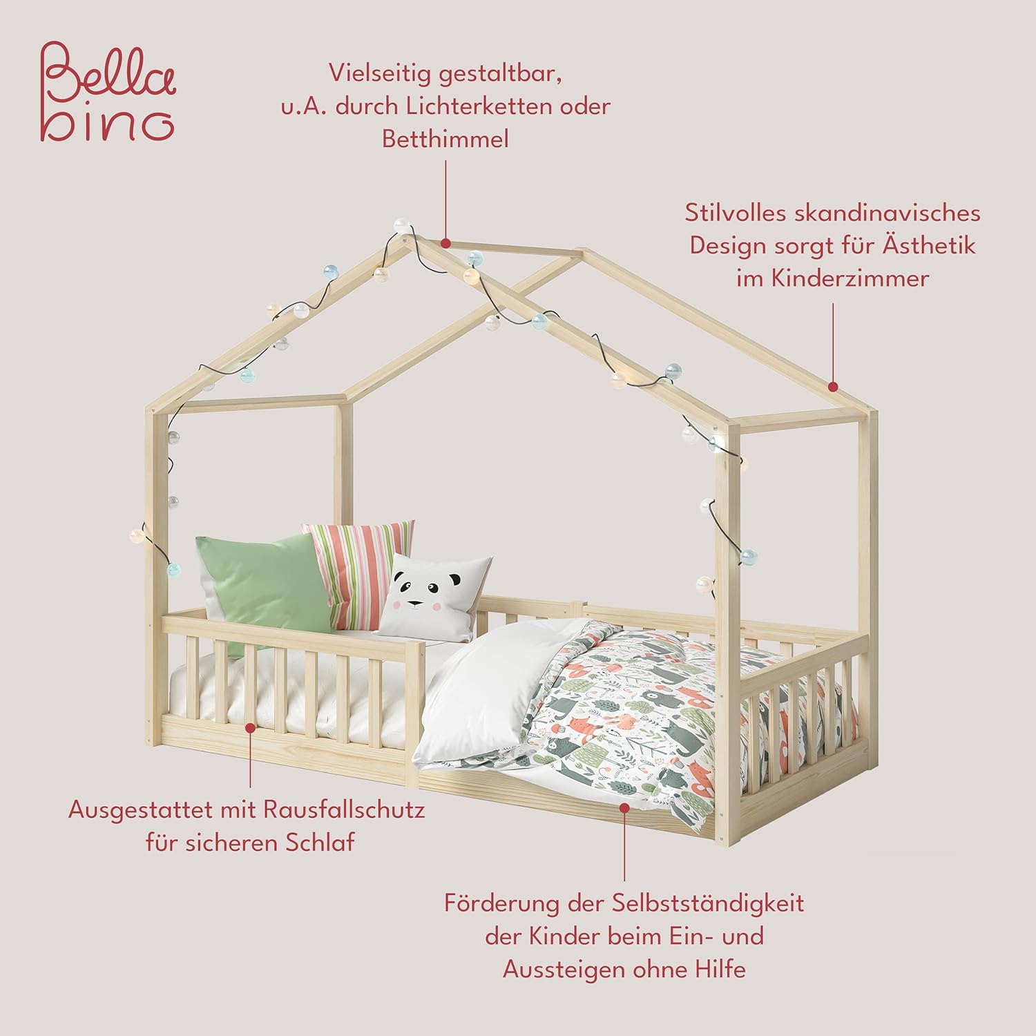 Bellabino Kinderbett Bia 140x200 cm, Hausbett Kinder inkl. Rausfallschutz und Rolllattenrost, Montessori Bodenbett weiß aus Massivholz Kiefer