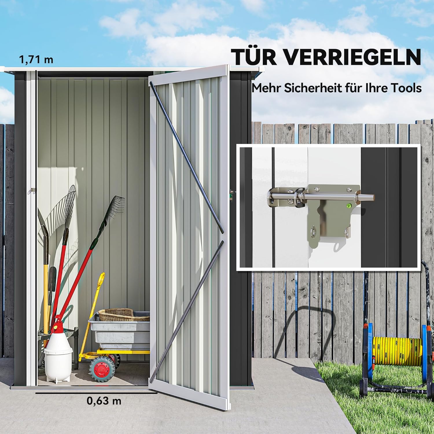 Outsunny Metall Gerätehaus 1,07 m² 142 x 86 x 189 cm Geräteschuppen mit Pultdach Abschließbarer Tür, wetterfest Gartenhaus Outdoor Garten Schuppen für Hinterhof Außenbereich Dunkelgrau