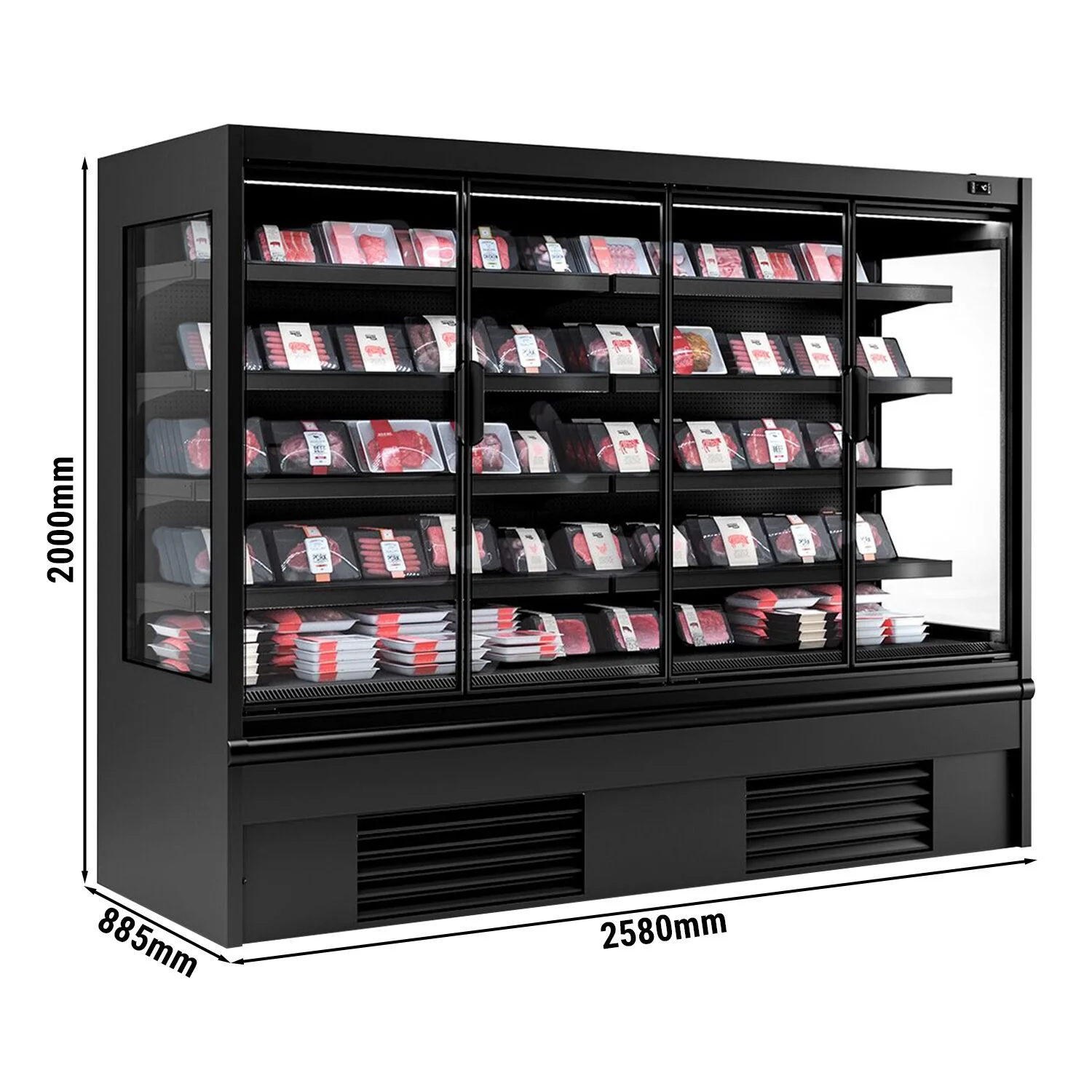 Kjølereol - 2 580 mm - 1 605 l - +2 °C til +4 °C - med 4 hengslede glassdører, med dobbelt isolerglass & 4 hyller - svart