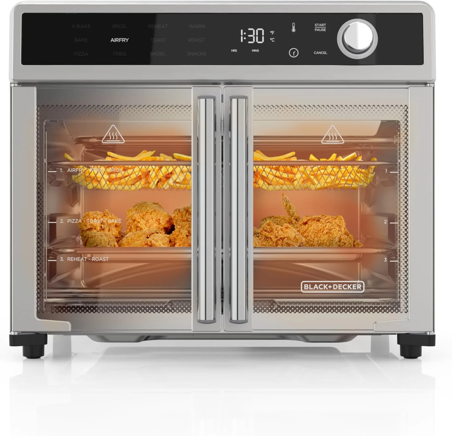 Air Fryer Toaster Oven Combo, 12 in 1 Countertop Convection Oven Cooks Food Fast, Fits a Whole Pizza or 6 Toast Slices, French Doors with Stainless Steel Finish.