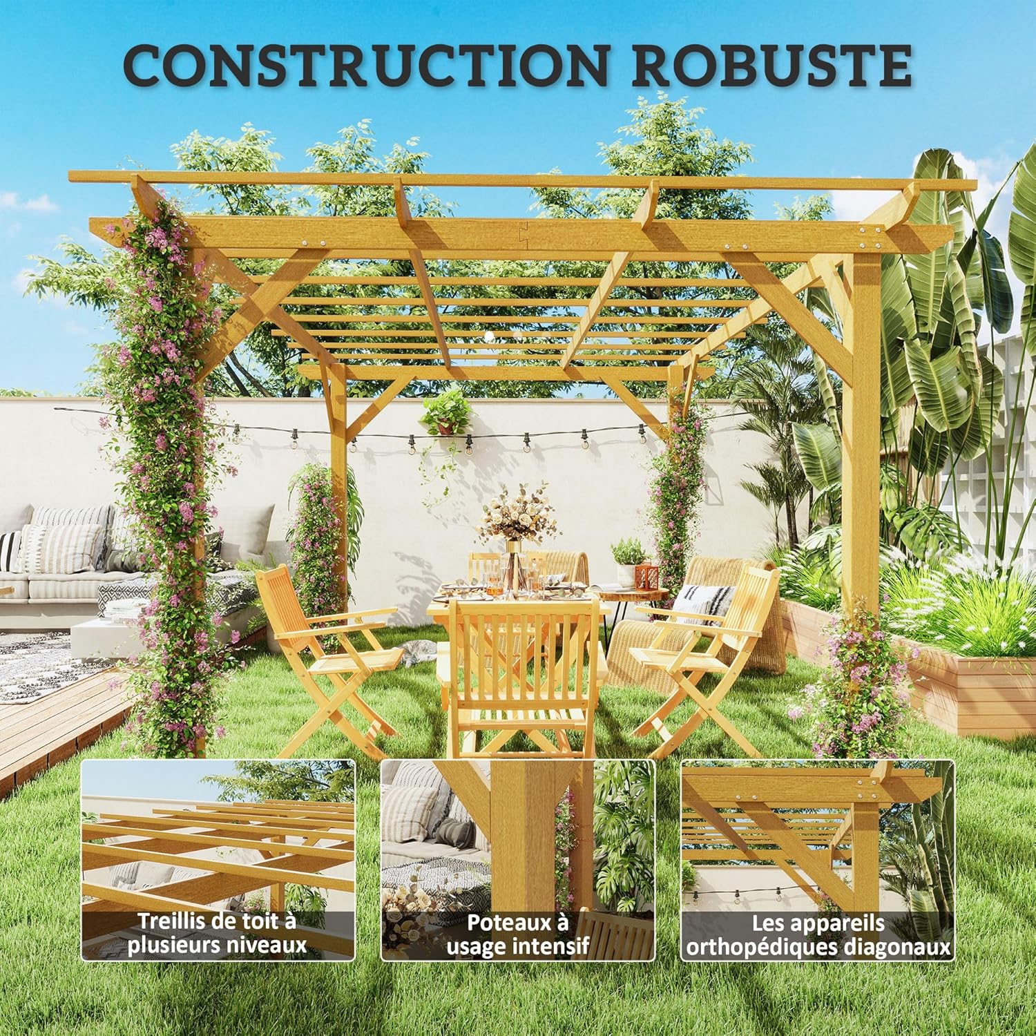 Outsunny Pergola Garten im Freien 3 x 4 m versenkbare Schiebepergola, Holzpergola, Gartenlaube für Kletterreben, Blumen, Rosen, Pergola für Terrasse, Patio, Naturholz
